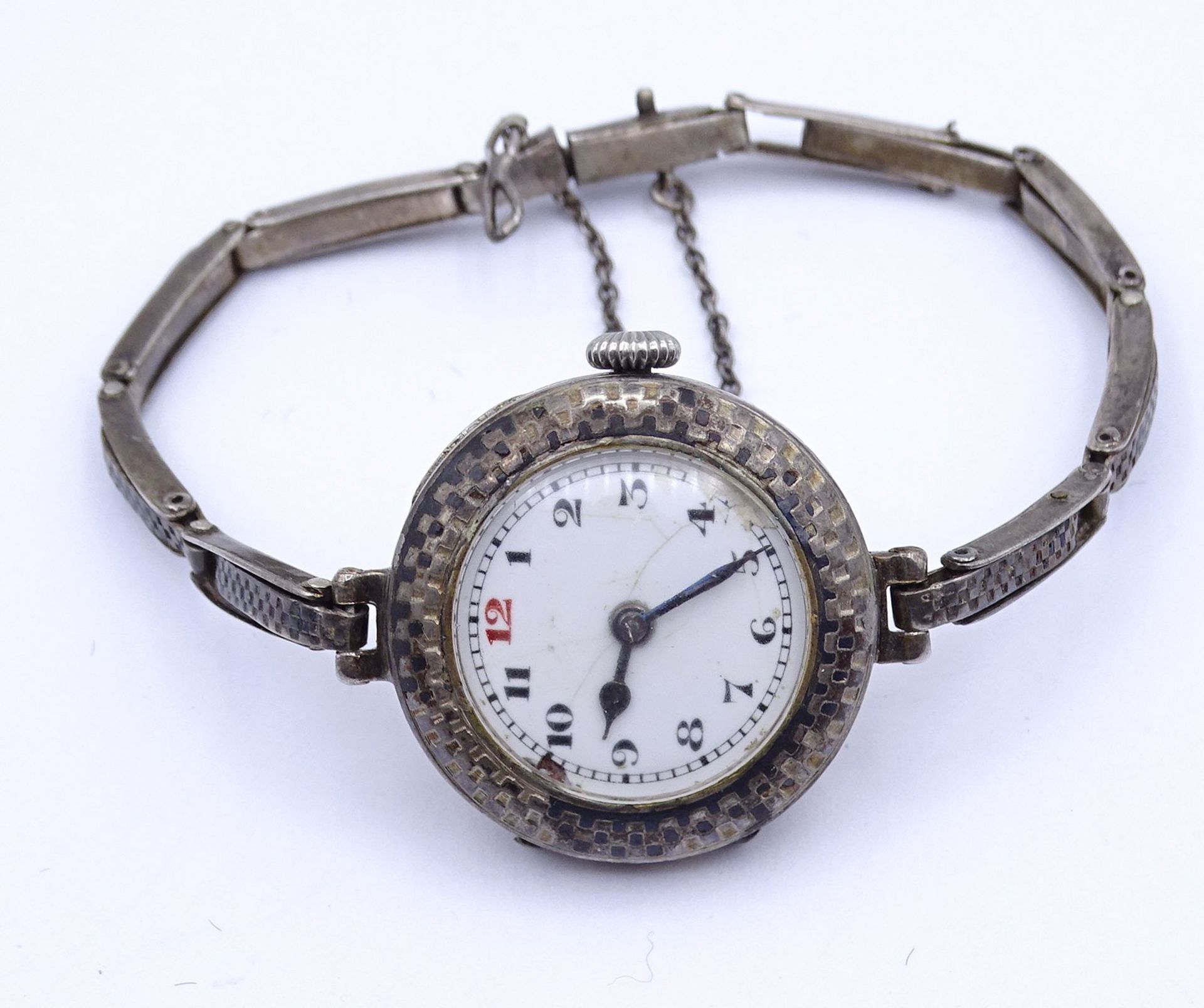 Damen Armbanduhr, Silber 0.800, mechanisch, Werk läuft, D. 26mm, Zifferblatt beschädigt, Verschluss - Bild 2 aus 3
