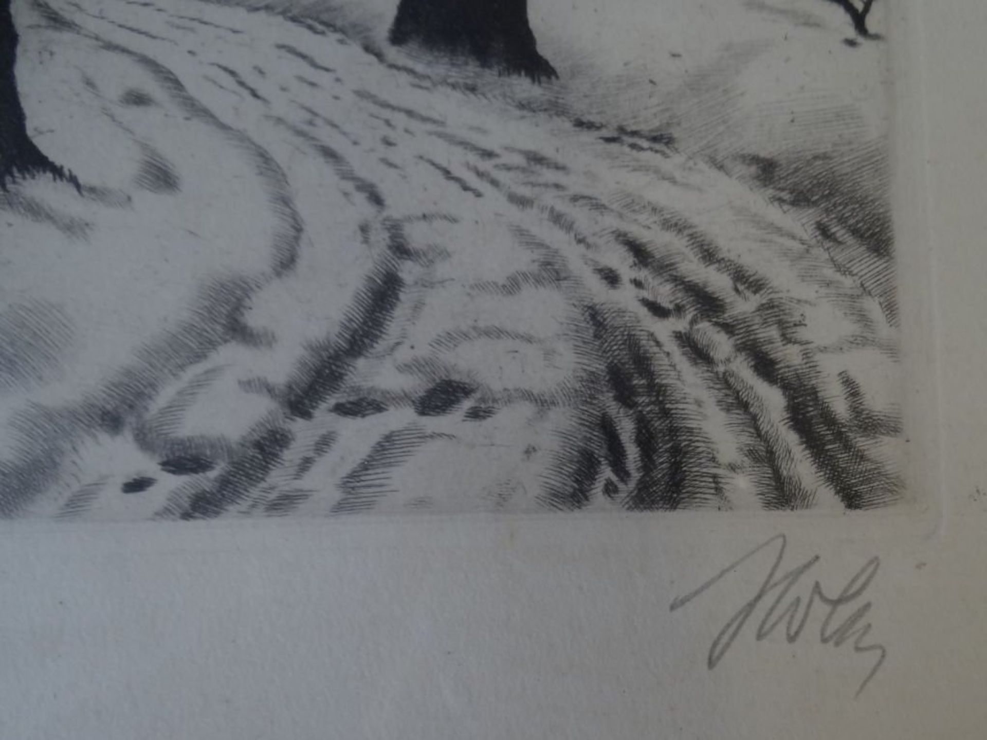 unleserl. sign. Radierung "Mondnacht im Winterwald", ger/glas, RG 35x28 cm, verso Widmung von 1941 - Image 5 of 7