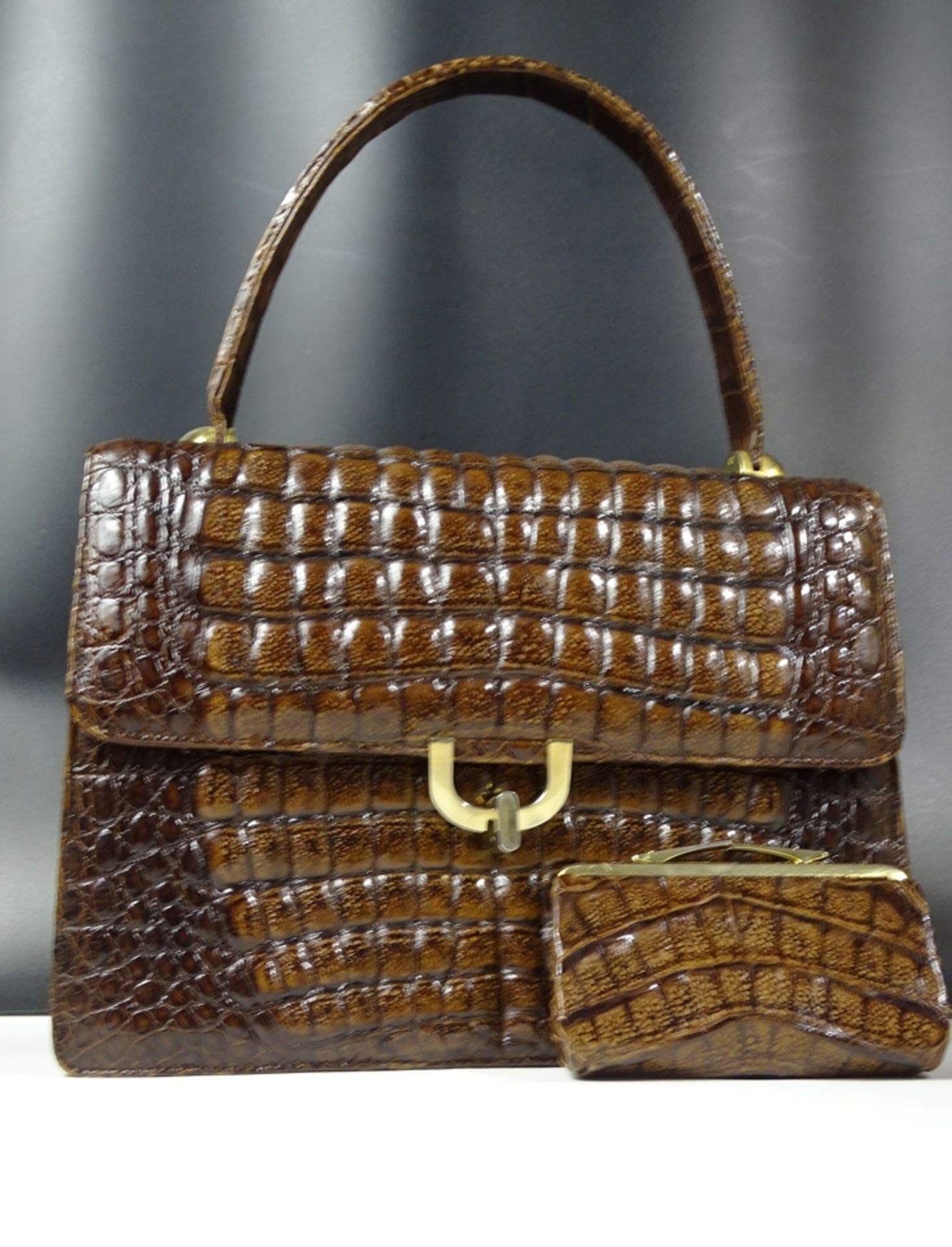 Krokoleder Handtasche mit Geldbeutel, 21x29cm - Bild 9 aus 10