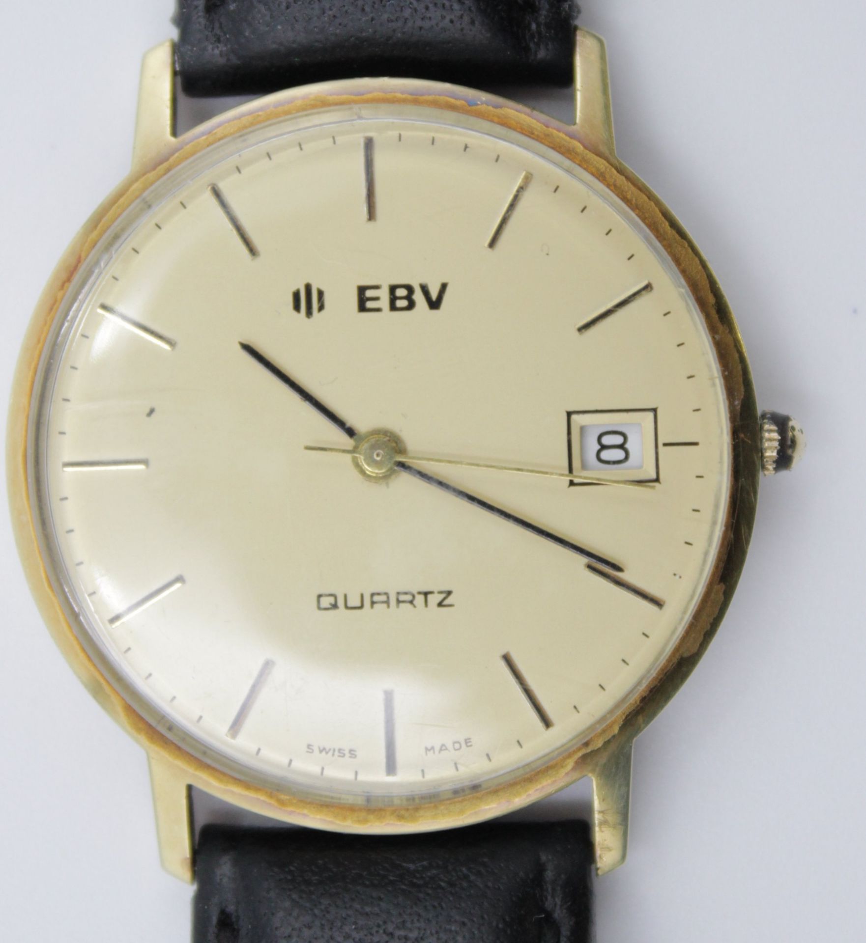 Herrenarmbanduhr, EBV, 585er Goldgehäuse, Quartzwerk, verso Gravur "35 Jahre EBV", D-3,2cm. - Bild 2 aus 6