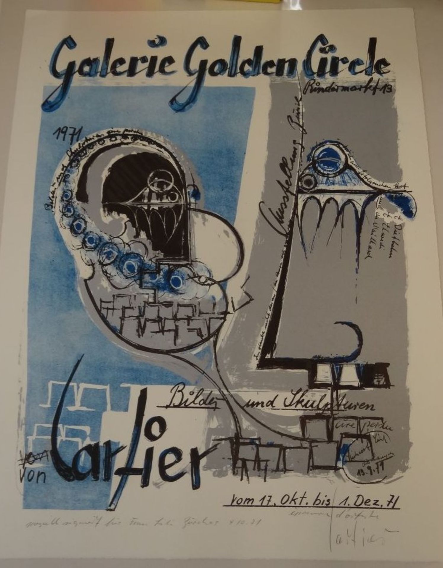 Max CARTIER (1935), Ausstellungsplakat, Lithografie, signiert und für Frau Zürcher, BG 76x57 cm, 19