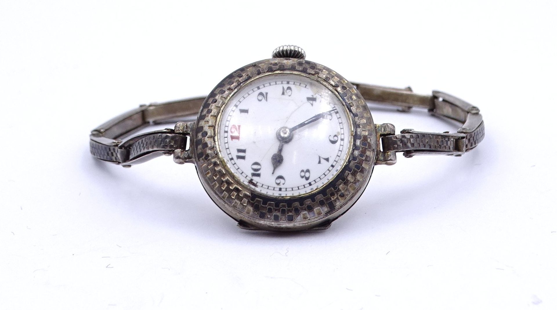 Damen Armbanduhr, Silber 0.800, mechanisch, Werk läuft, D. 26mm, Zifferblatt beschädigt, Verschluss