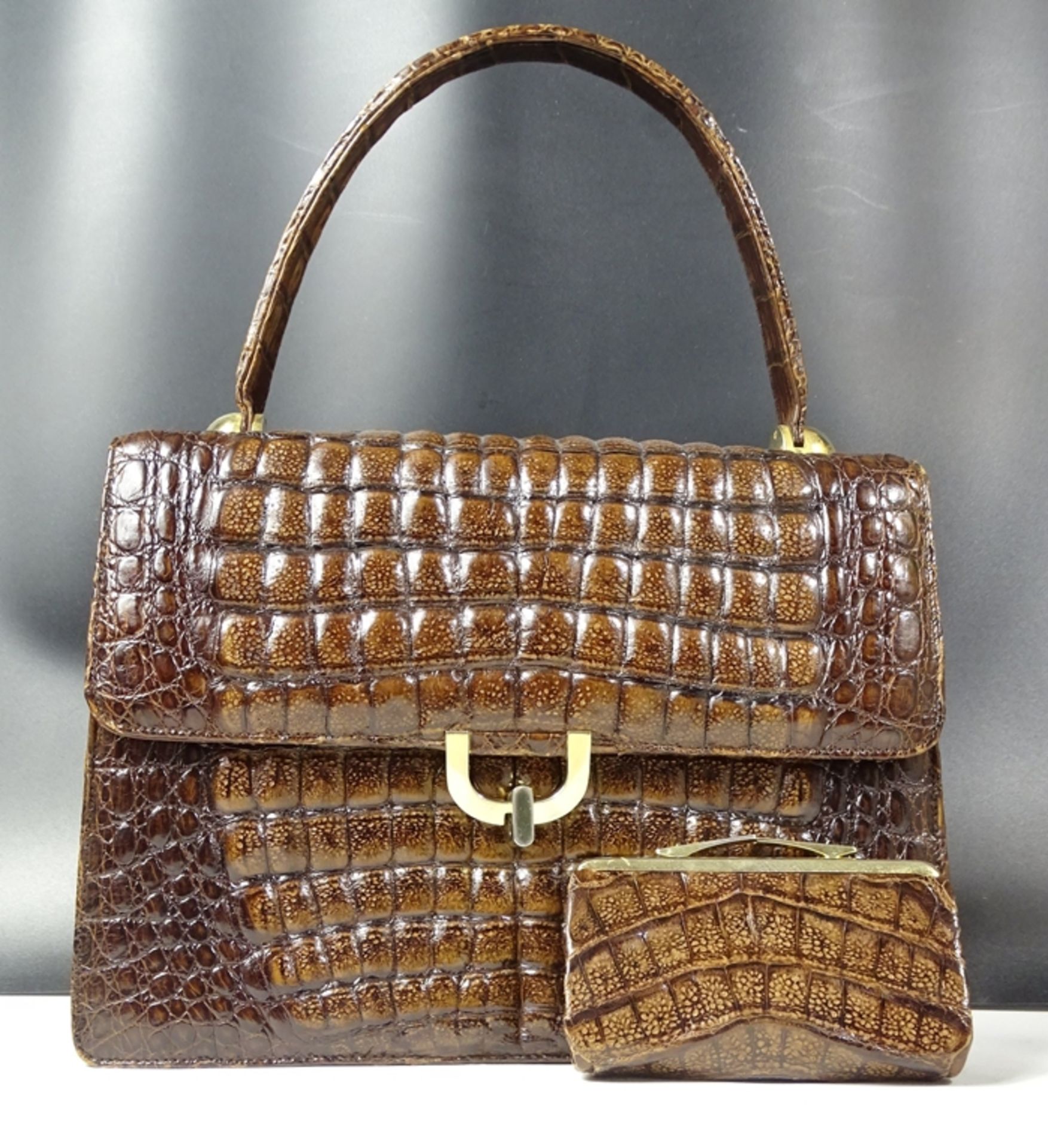 Krokoleder Handtasche mit Geldbeutel, 21x29cm - Bild 8 aus 10