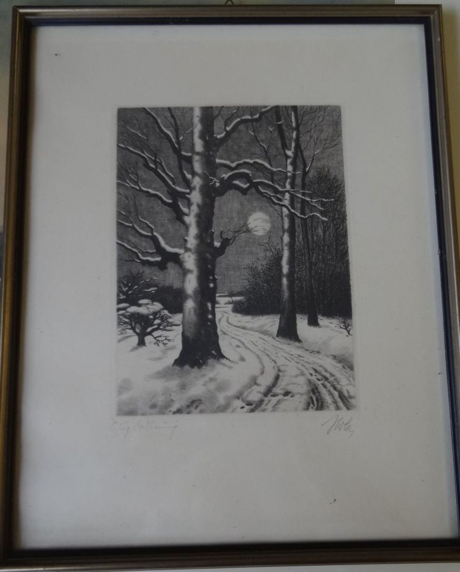 unleserl. sign. Radierung "Mondnacht im Winterwald", ger/glas, RG 35x28 cm, verso Widmung von 1941