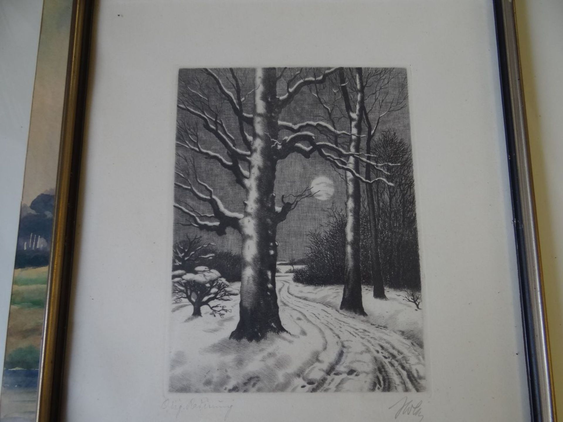 unleserl. sign. Radierung "Mondnacht im Winterwald", ger/glas, RG 35x28 cm, verso Widmung von 1941 - Image 2 of 7