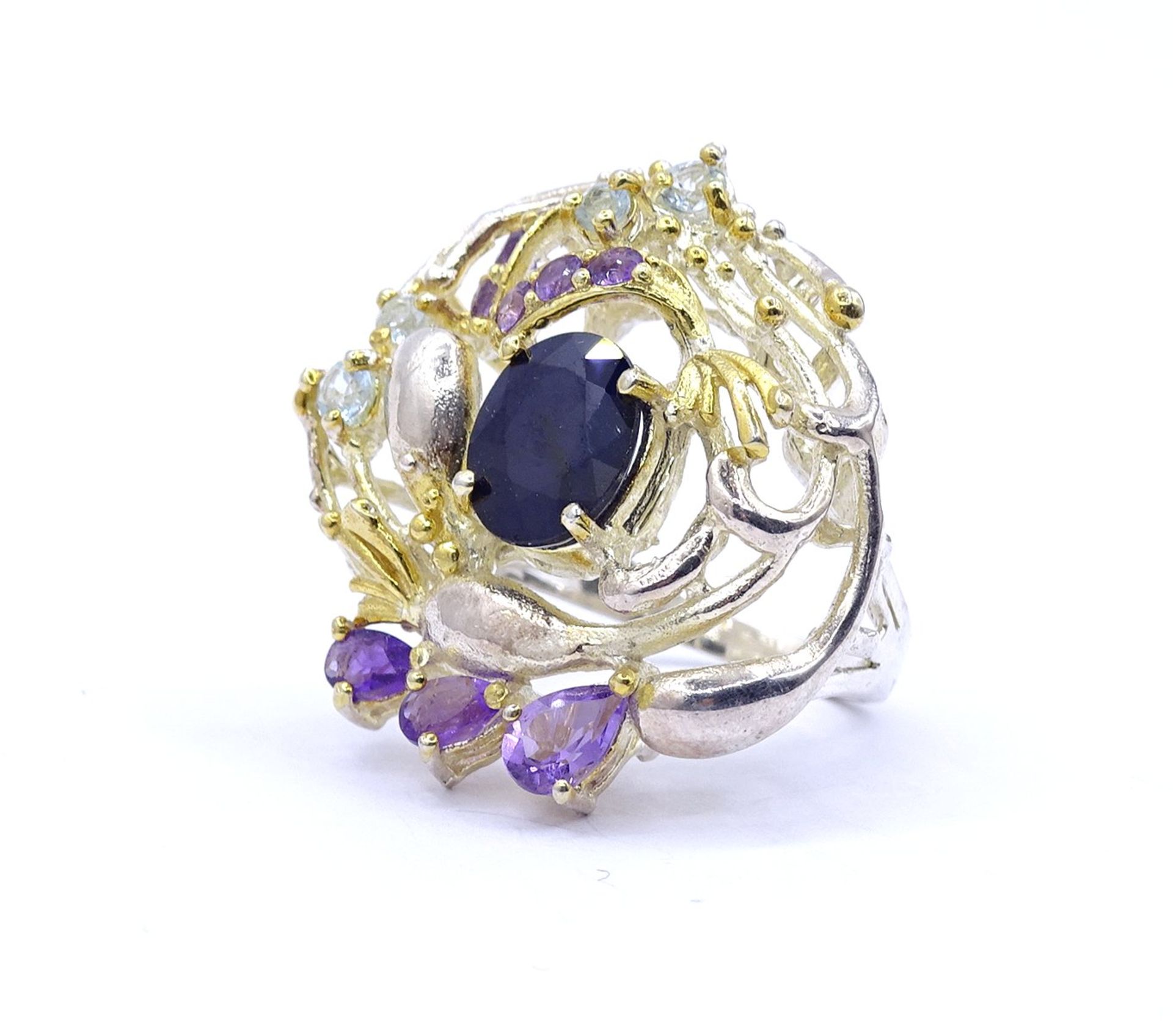 Edelstein Ring, Sterlingsilber 0.925, tw. vergoldet, Amethyste,Saphir und Blautopase, 11,5g., RG 54 - Bild 4 aus 5