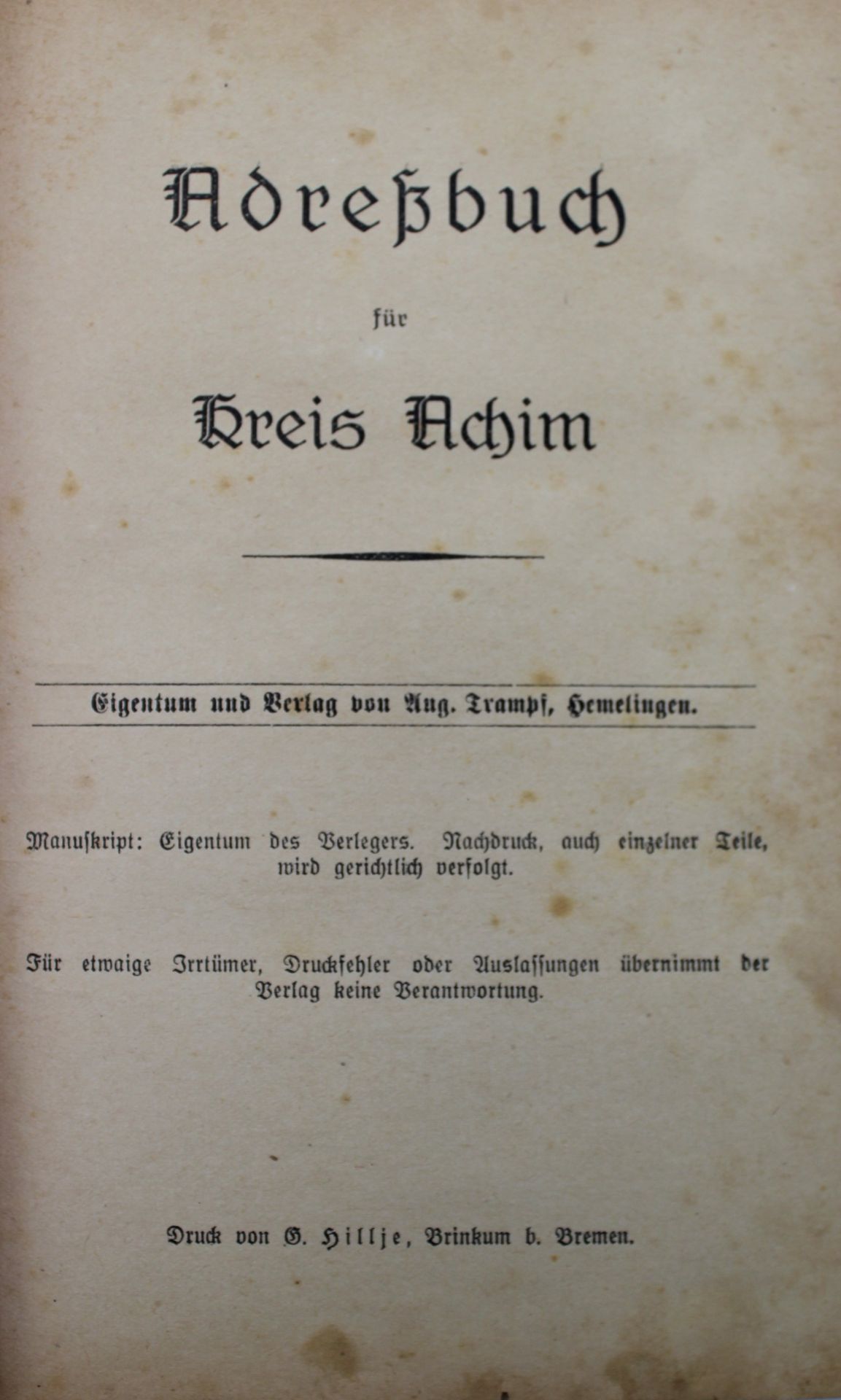 Adressbuch für den Kreis Achim um 1920, Altersspuren - Bild 2 aus 4