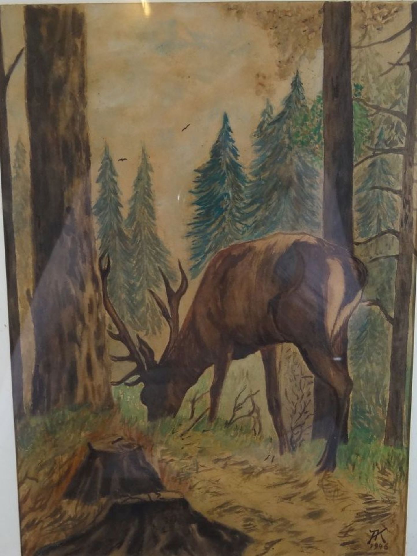 AK, 1946 "äsender Hirsch", Aquarell, ger/Glas, RG 53x41 cm - Bild 2 aus 4