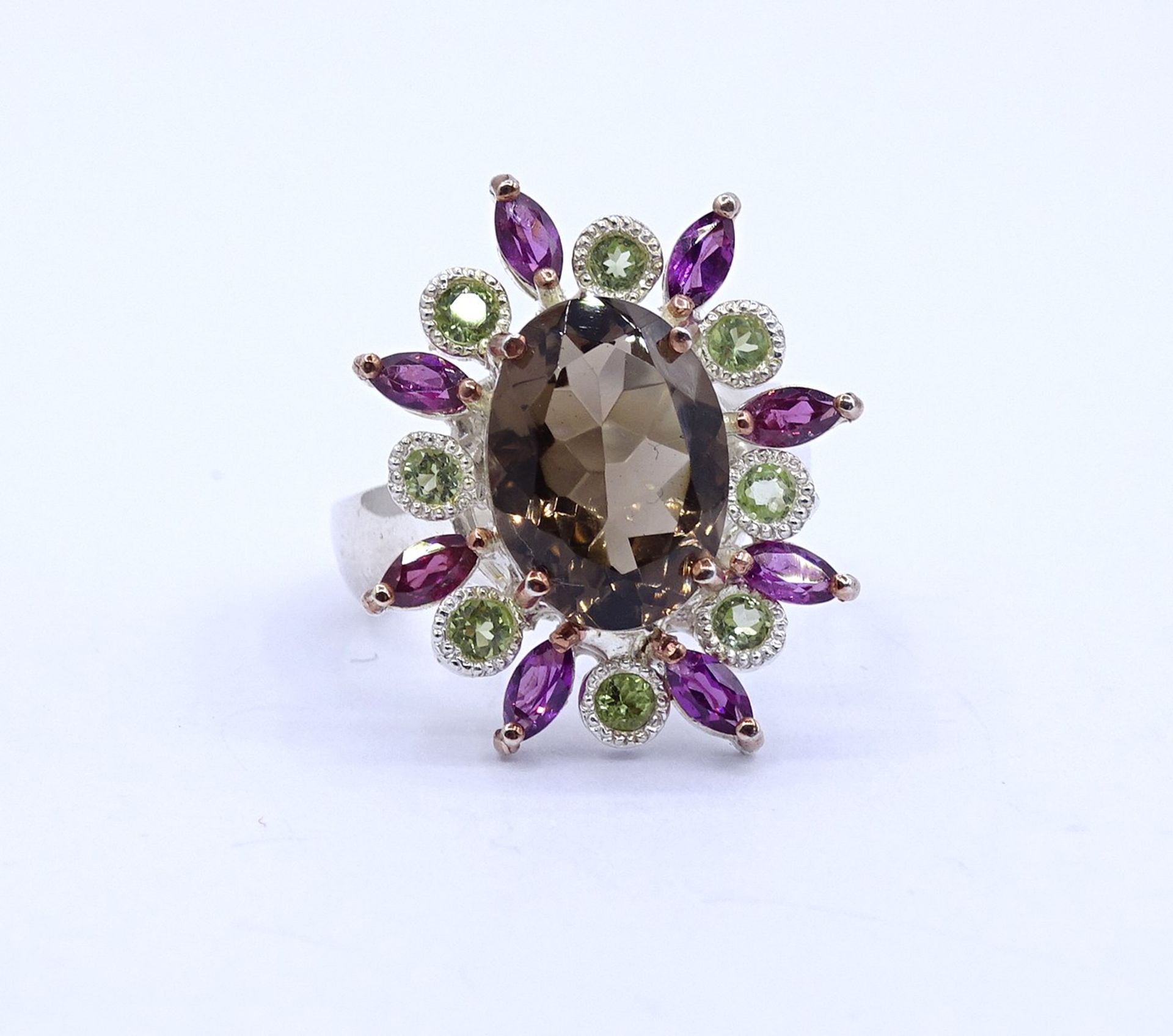 Edelstein Ring mit Rauchquarz, Amethyste und Peridots, Sterlingsilber 0.925, 7,8g., RG 59