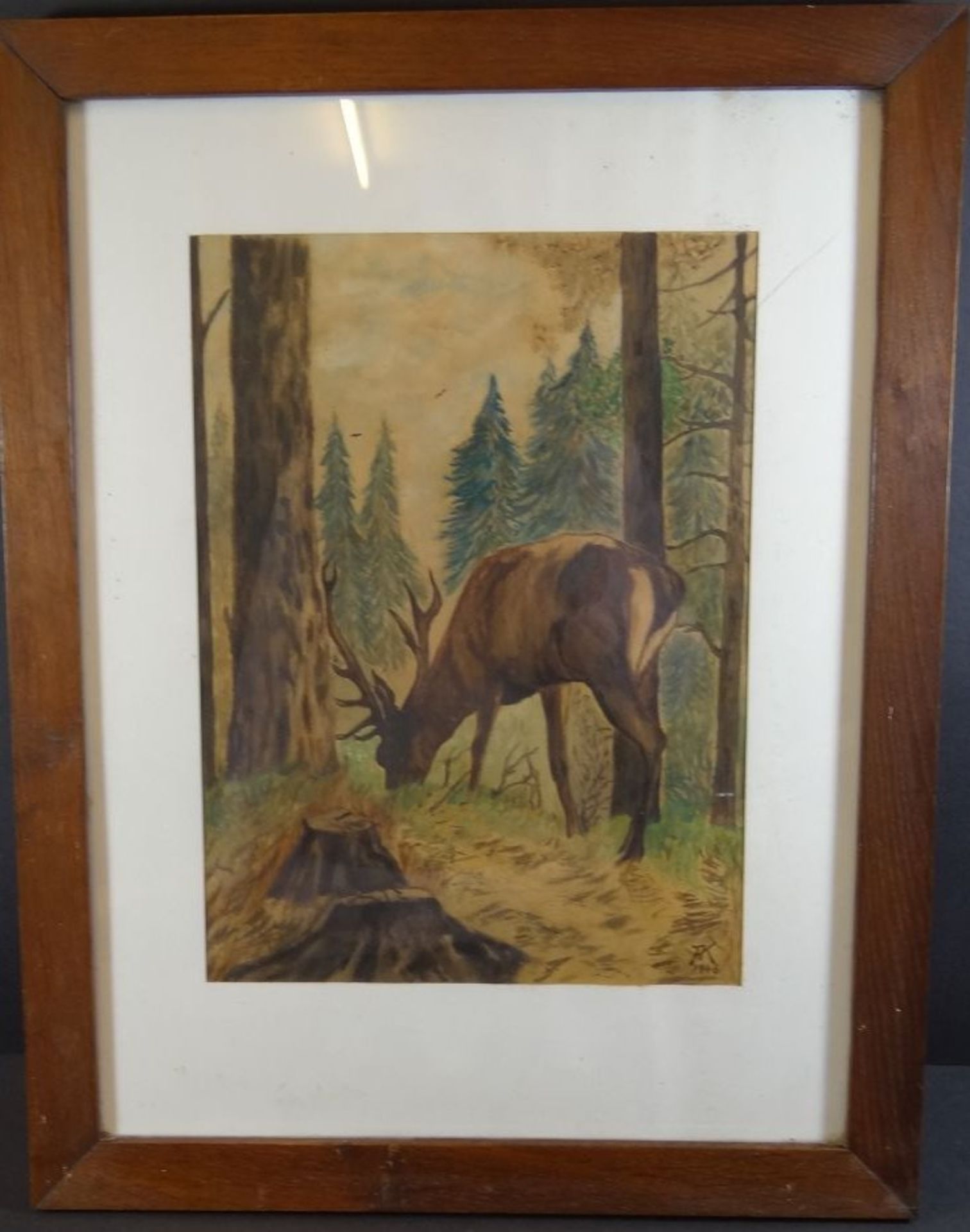 AK, 1946 "äsender Hirsch", Aquarell, ger/Glas, RG 53x41 cm