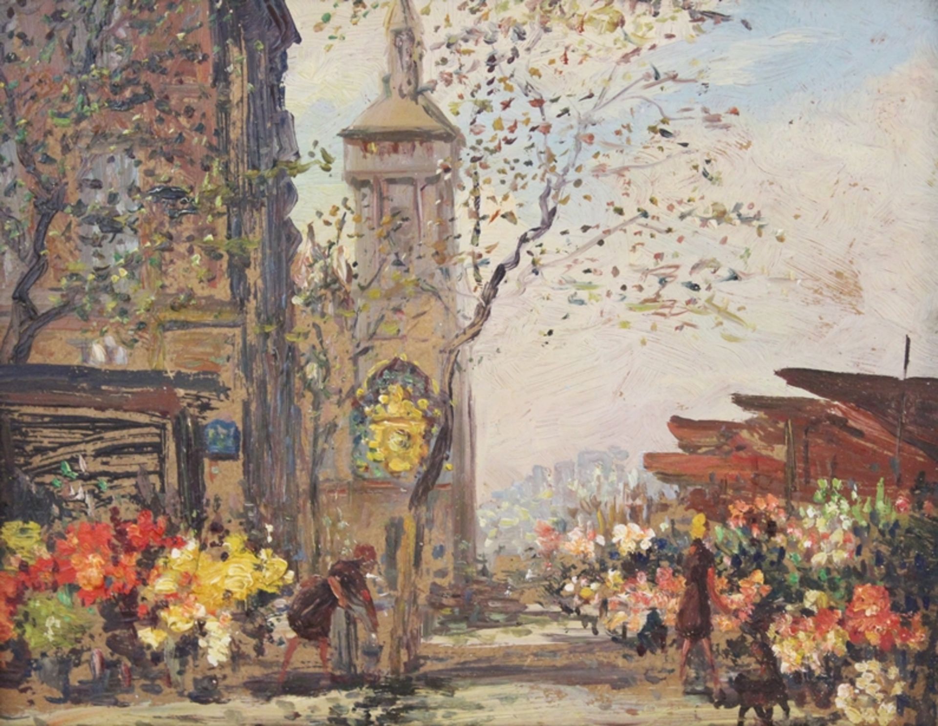 unsigniert, Blumenmarkt, Öl/Hartfaser, gerahmt, RG 29 x 35cm.