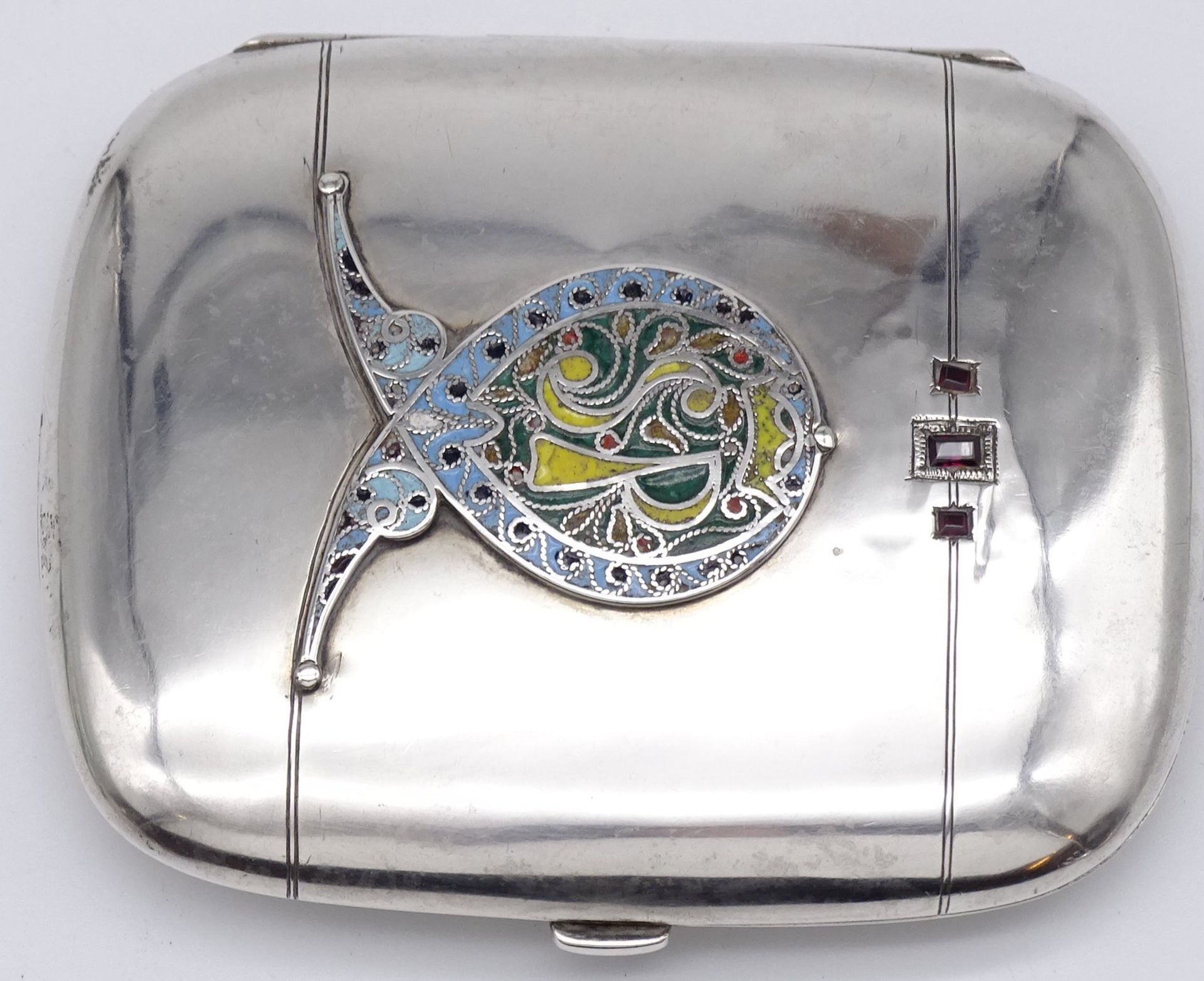 Jugendstil-Zigarettenetui, Silber-800-, mit 3 Granate, 10x8 cm, 102,7 gr., emailliertes Ziermonogra