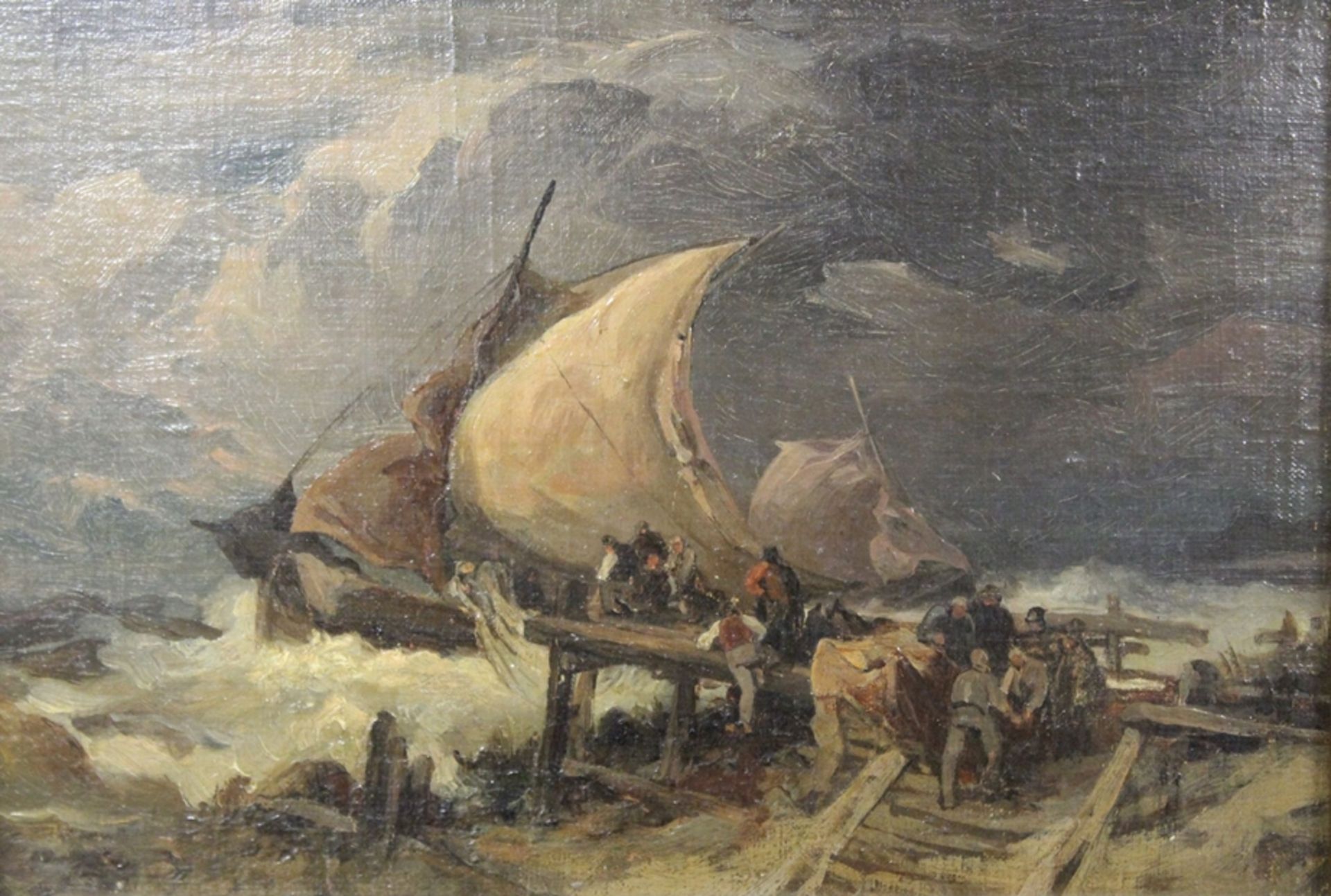 anonym, Beladung eines Boote im Sturm, Öl/Holz, wohl 18/19. Jhd., Öl/Holz, gerahmt, RG 26,5 x 34,5c