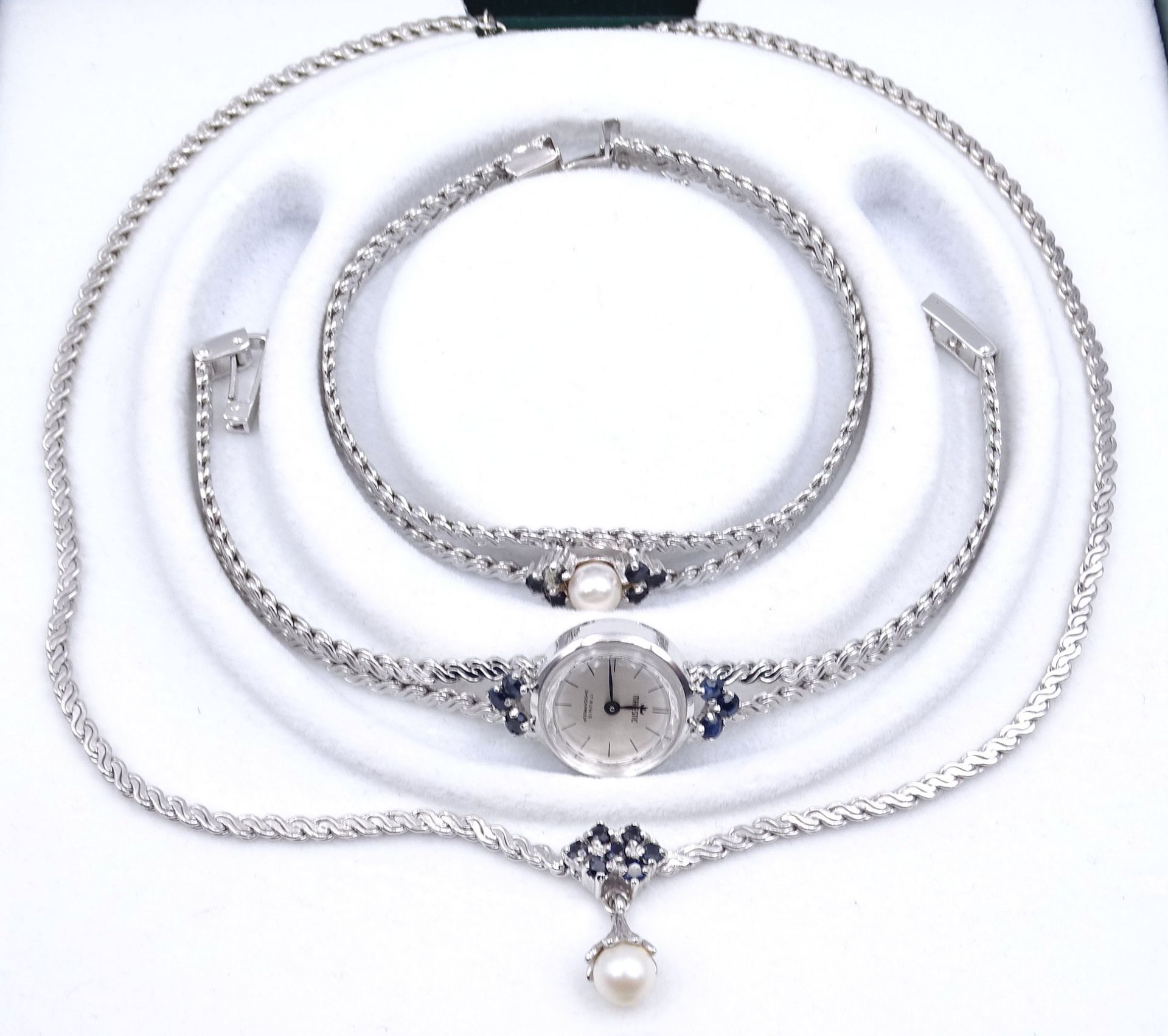 Schmuckset, Silber 0.835 mit Saphire, Set bestehend aus einem Armband, Collier und Damen Armbanduhr - Image 2 of 3