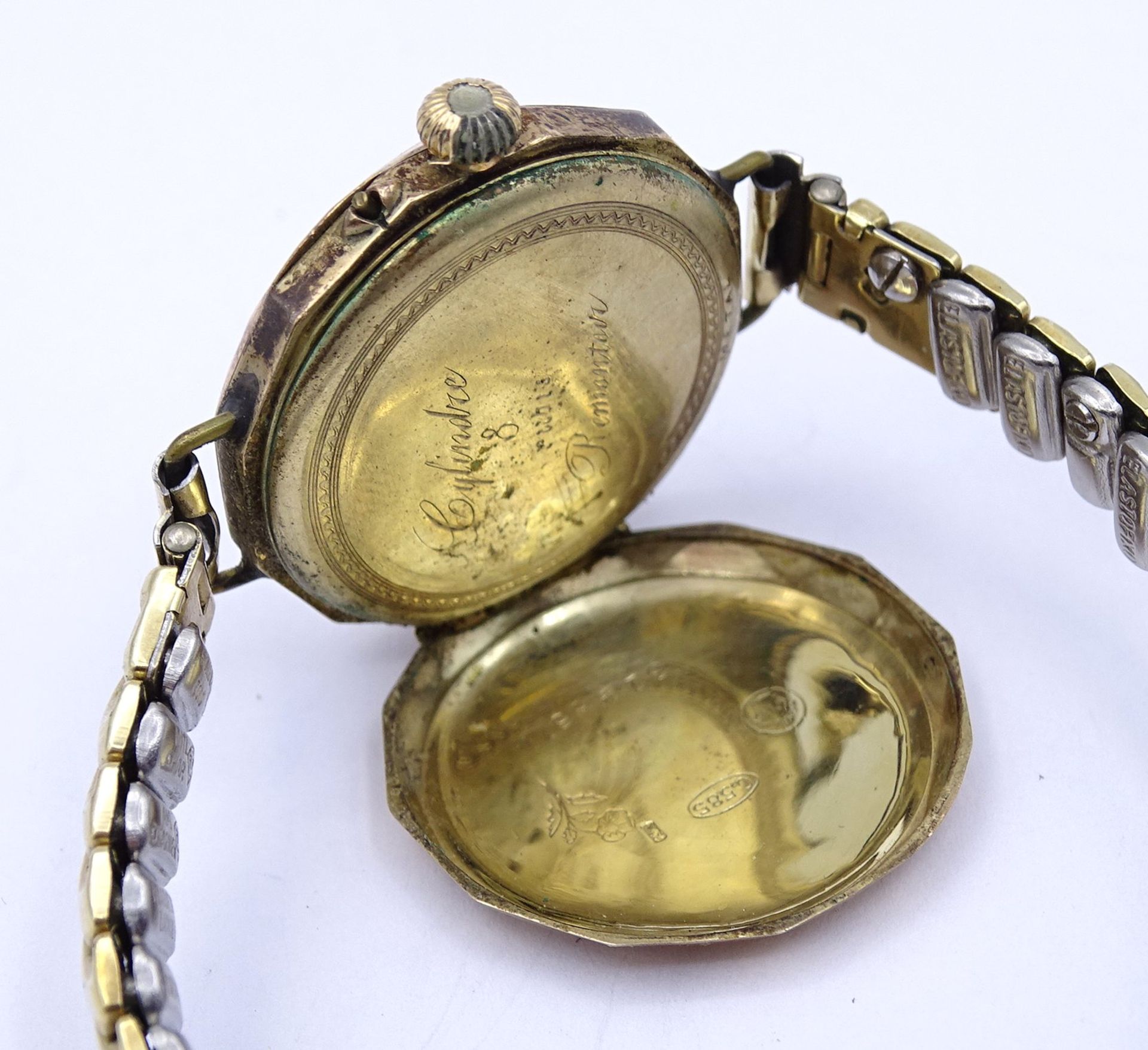 Damen Armbanduhr aus TU gefertigt, Gehäuse und 1x Deckel Gold 0.585, mechanisch, Werk läuft, D. 26m - Bild 5 aus 6