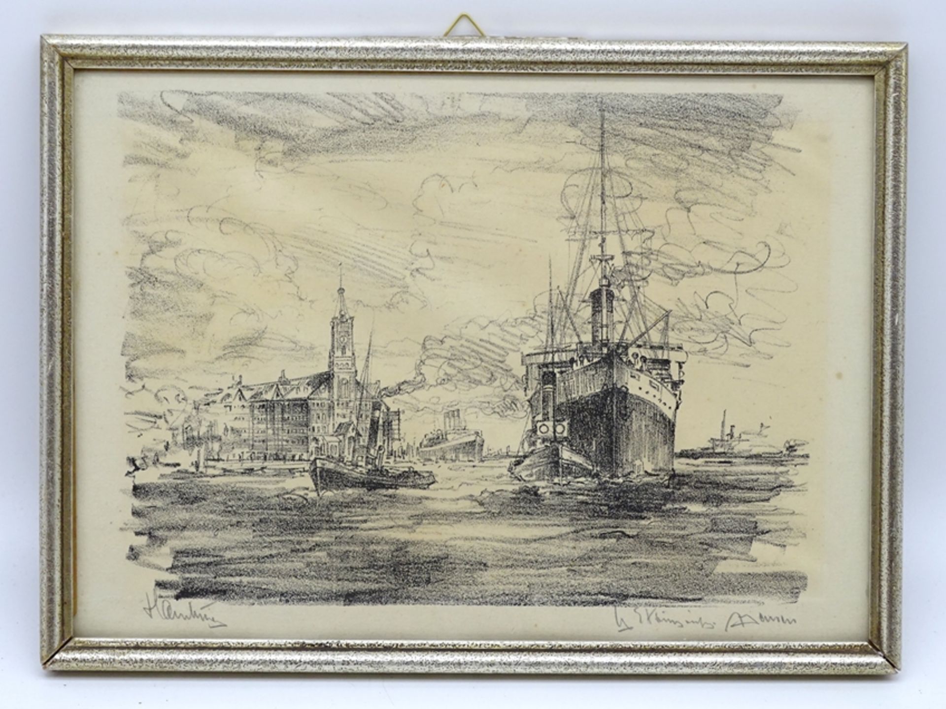 Hamburger Hafen, Alfred Jensen, Lithographie, ger/Glas, RG 21x29cm