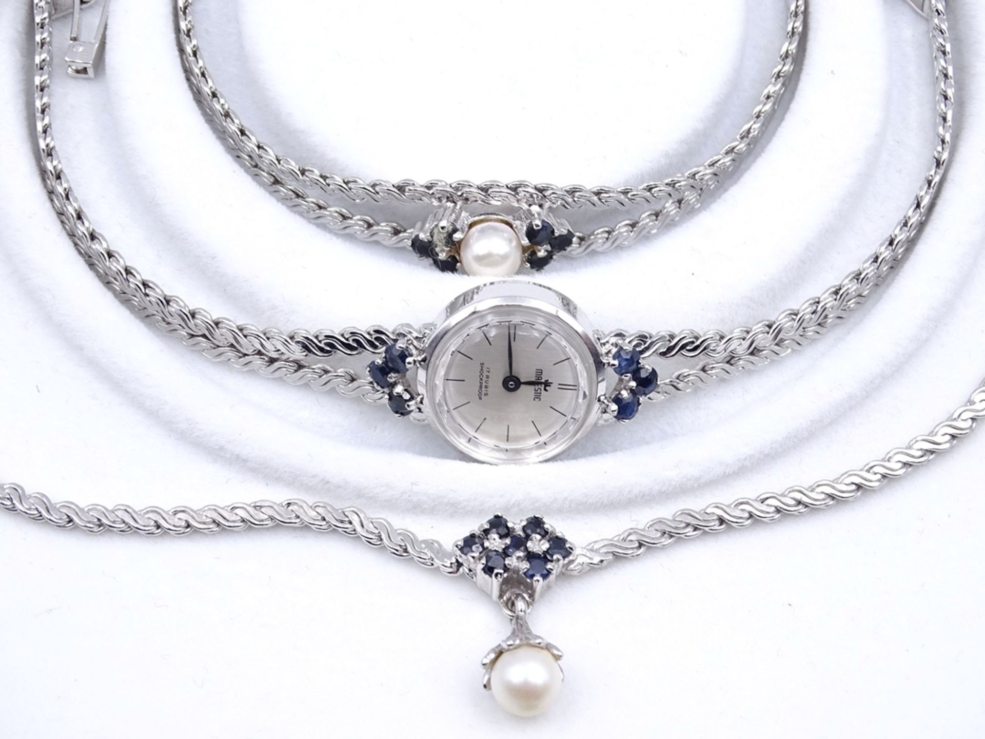 Schmuckset, Silber 0.835 mit Saphire, Set bestehend aus einem Armband, Collier und Damen Armbanduhr - Image 3 of 3