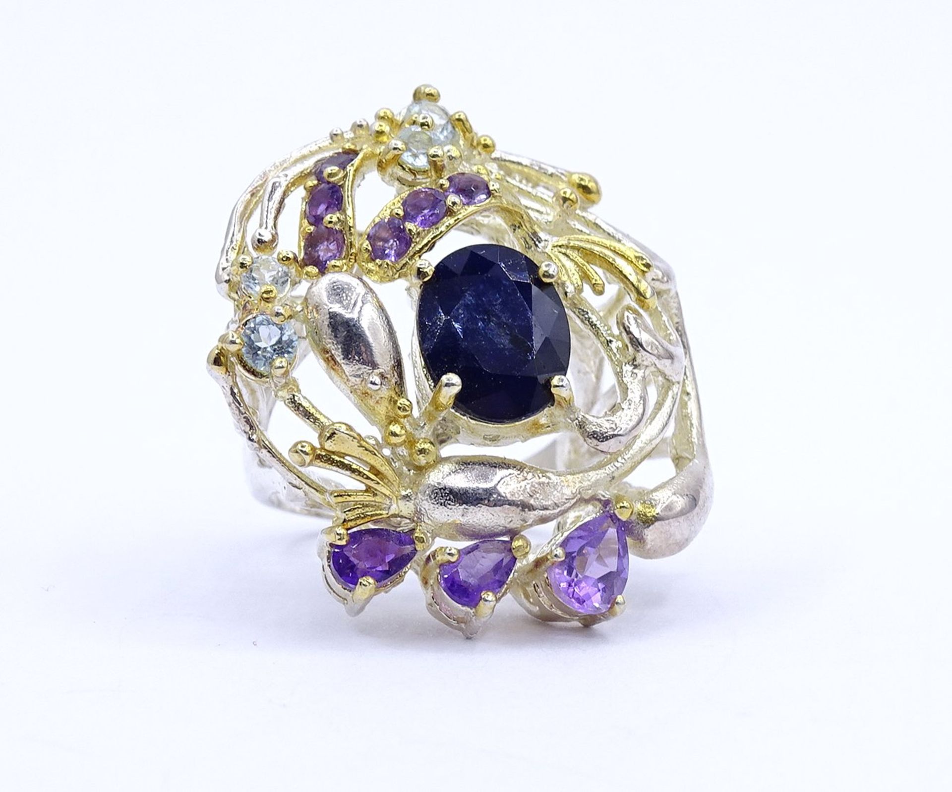 Edelstein Ring, Sterlingsilber 0.925, tw. vergoldet, Amethyste,Saphir und Blautopase, 11,5g., RG 54