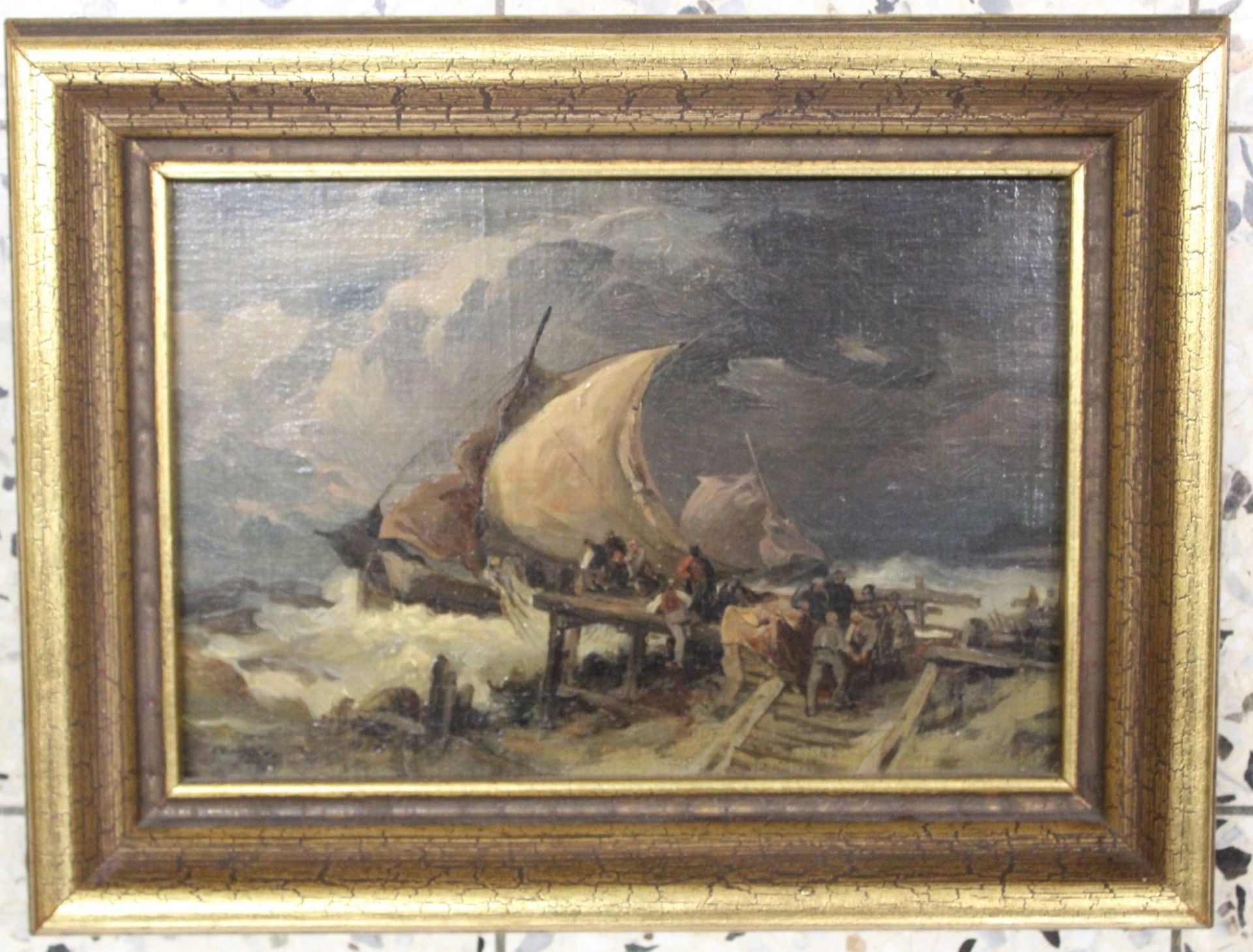 anonym, Beladung eines Boote im Sturm, Öl/Holz, wohl 18/19. Jhd., Öl/Holz, gerahmt, RG 26,5 x 34,5c - Image 2 of 3