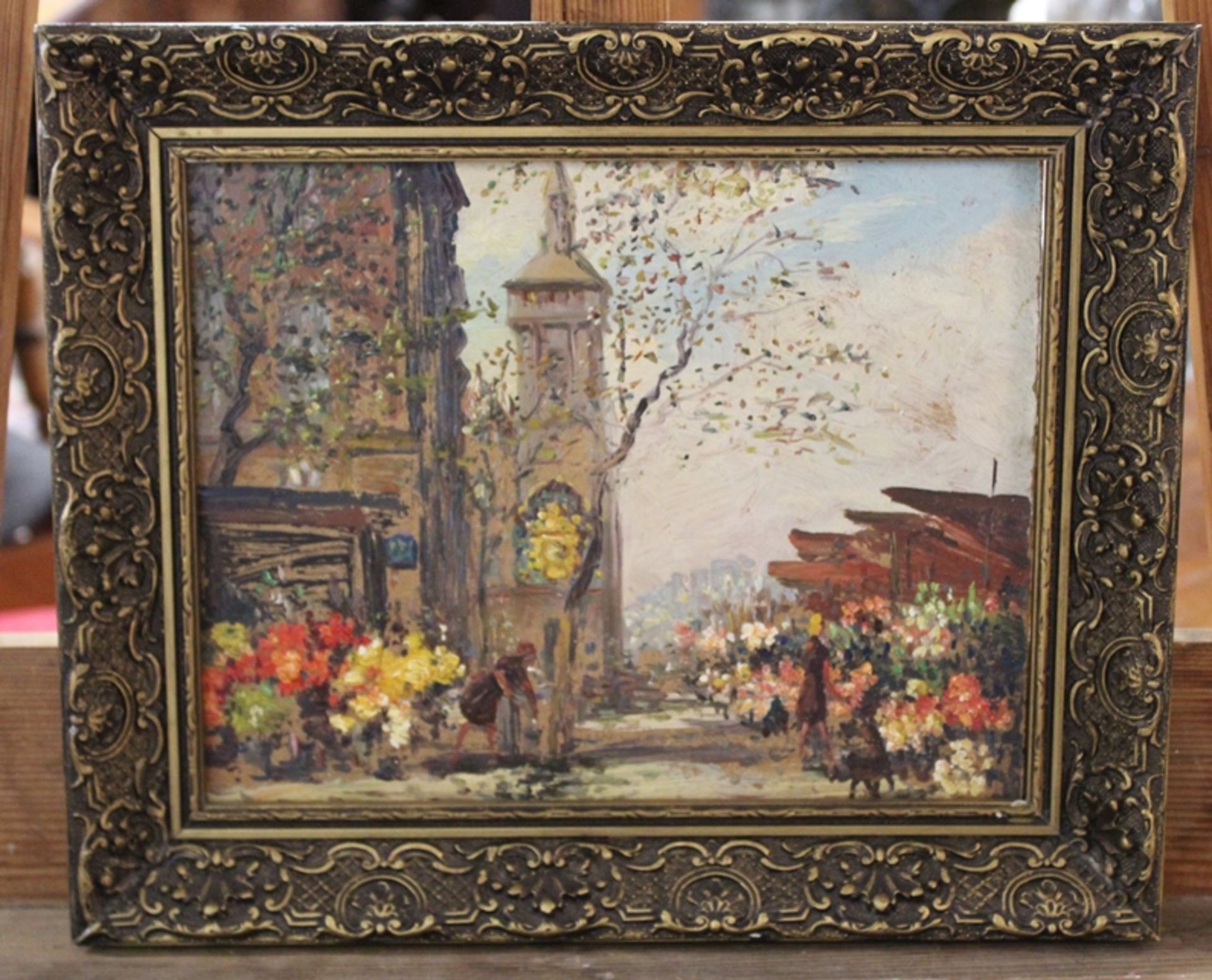 unsigniert, Blumenmarkt, Öl/Hartfaser, gerahmt, RG 29 x 35cm. - Bild 2 aus 3