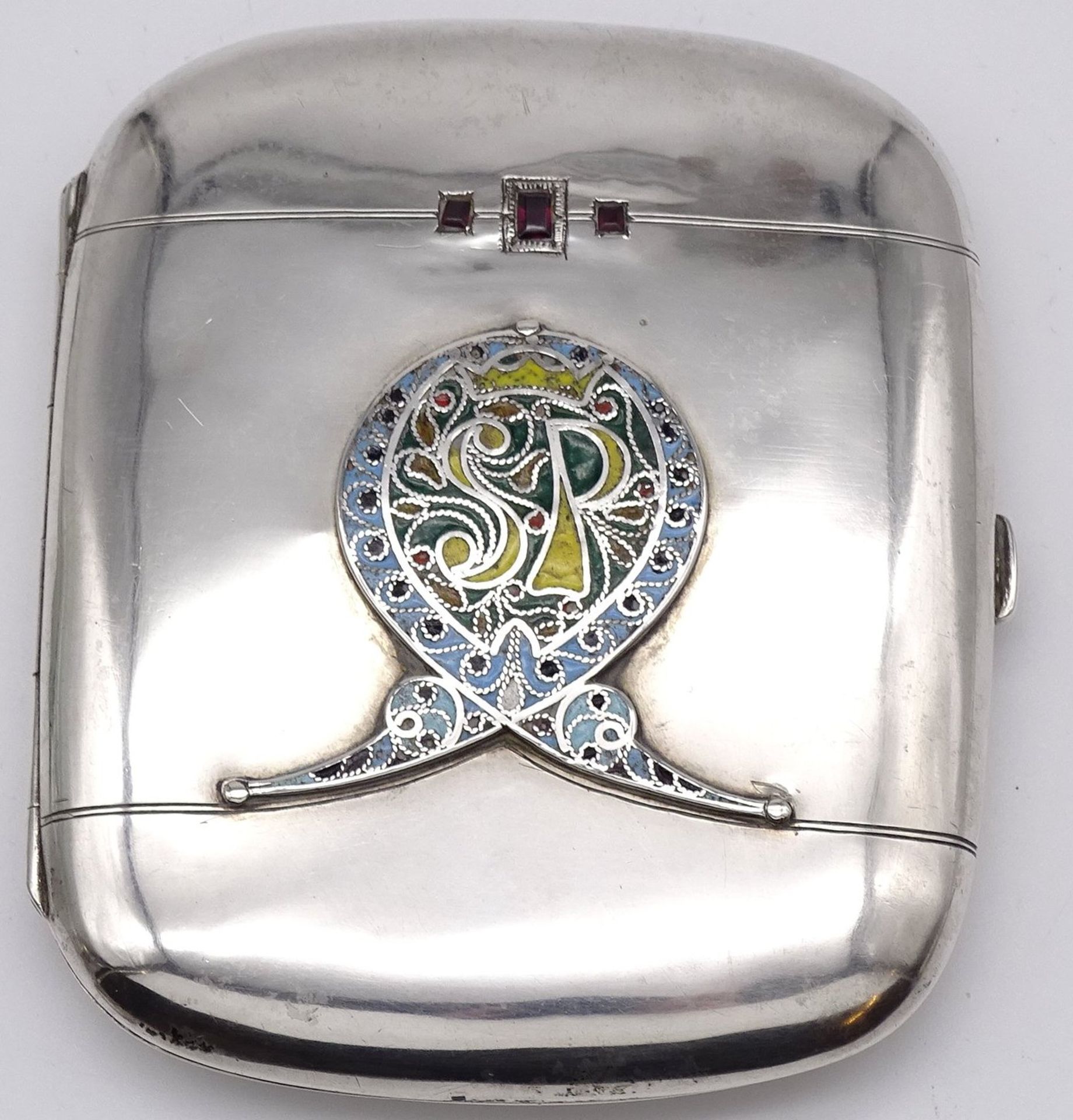 Jugendstil-Zigarettenetui, Silber-800-, mit 3 Granate, 10x8 cm, 102,7 gr., emailliertes Ziermonogra - Bild 3 aus 5