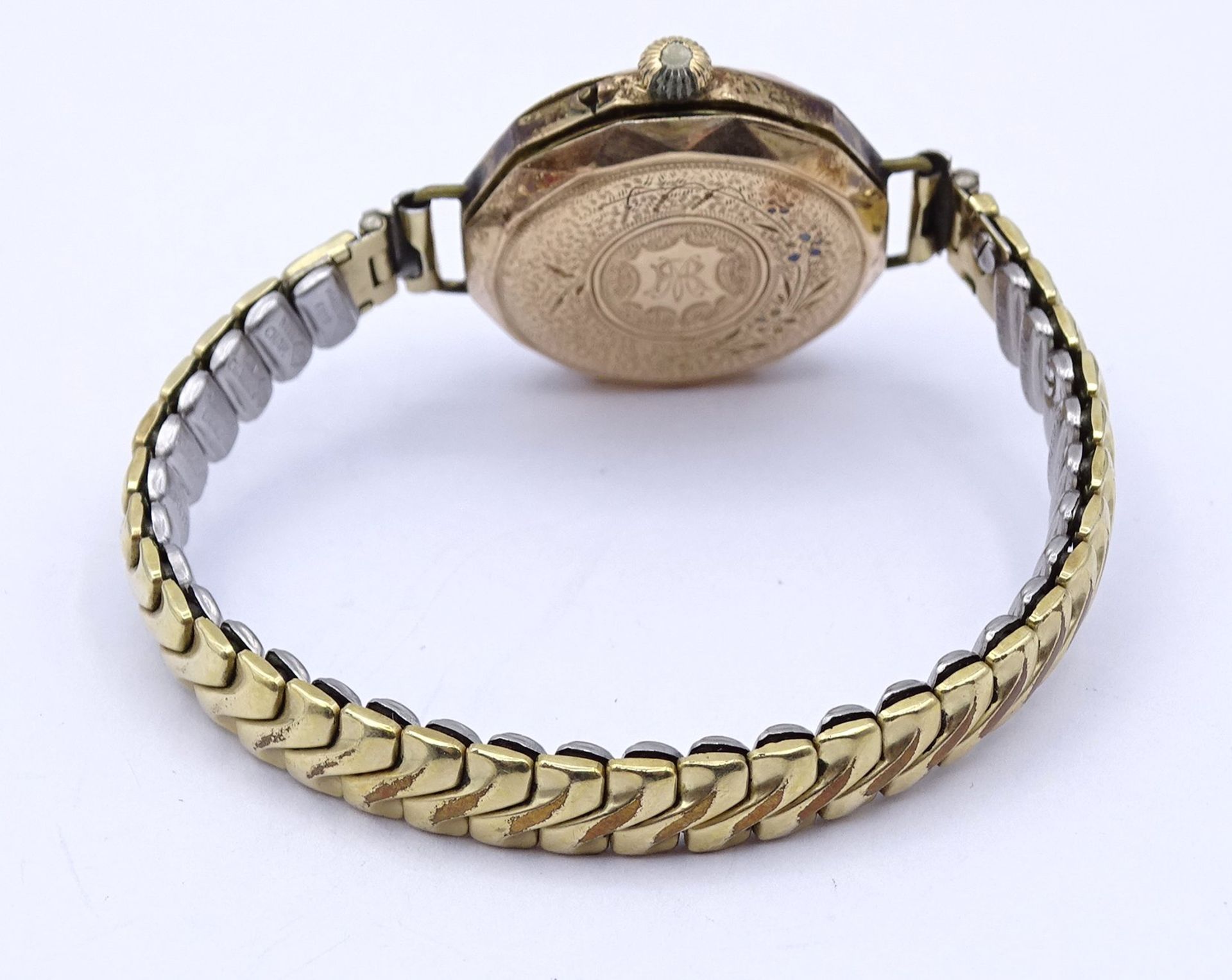 Damen Armbanduhr aus TU gefertigt, Gehäuse und 1x Deckel Gold 0.585, mechanisch, Werk läuft, D. 26m - Bild 3 aus 6