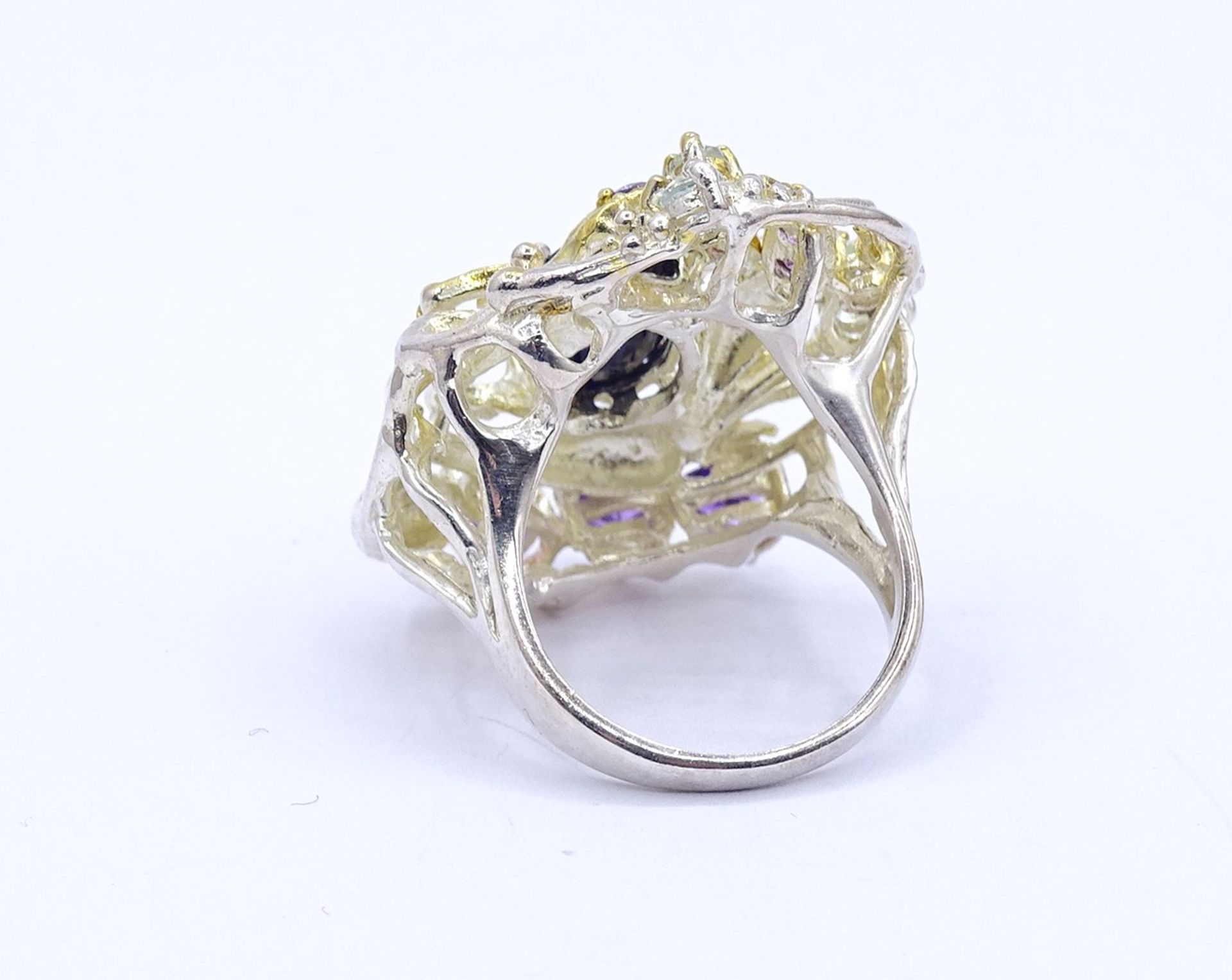 Edelstein Ring, Sterlingsilber 0.925, tw. vergoldet, Amethyste,Saphir und Blautopase, 11,5g., RG 54 - Bild 5 aus 5