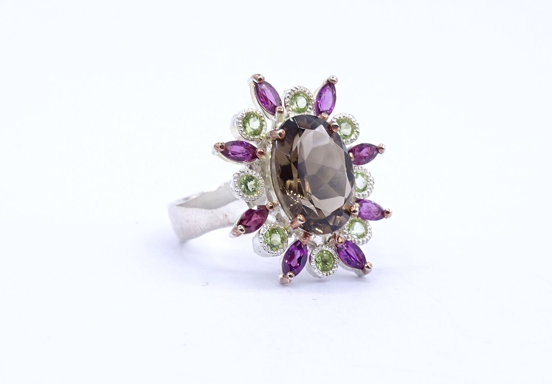 Edelstein Ring mit Rauchquarz, Amethyste und Peridots, Sterlingsilber 0.925, 7,8g., RG 59 - Bild 2 aus 4