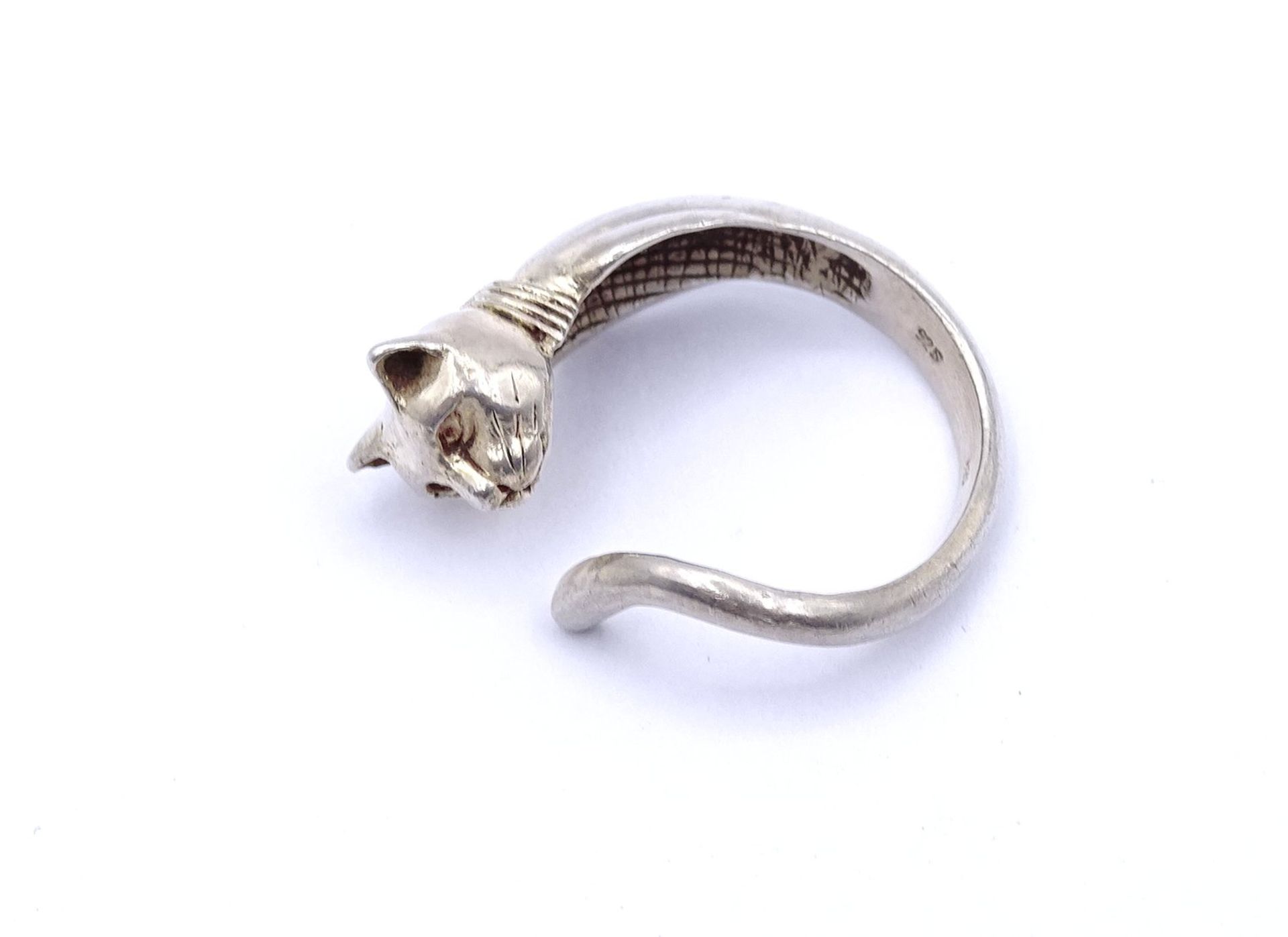 925er Silber Ring in Form einer Katze, 4,60g., offene Ringschiene