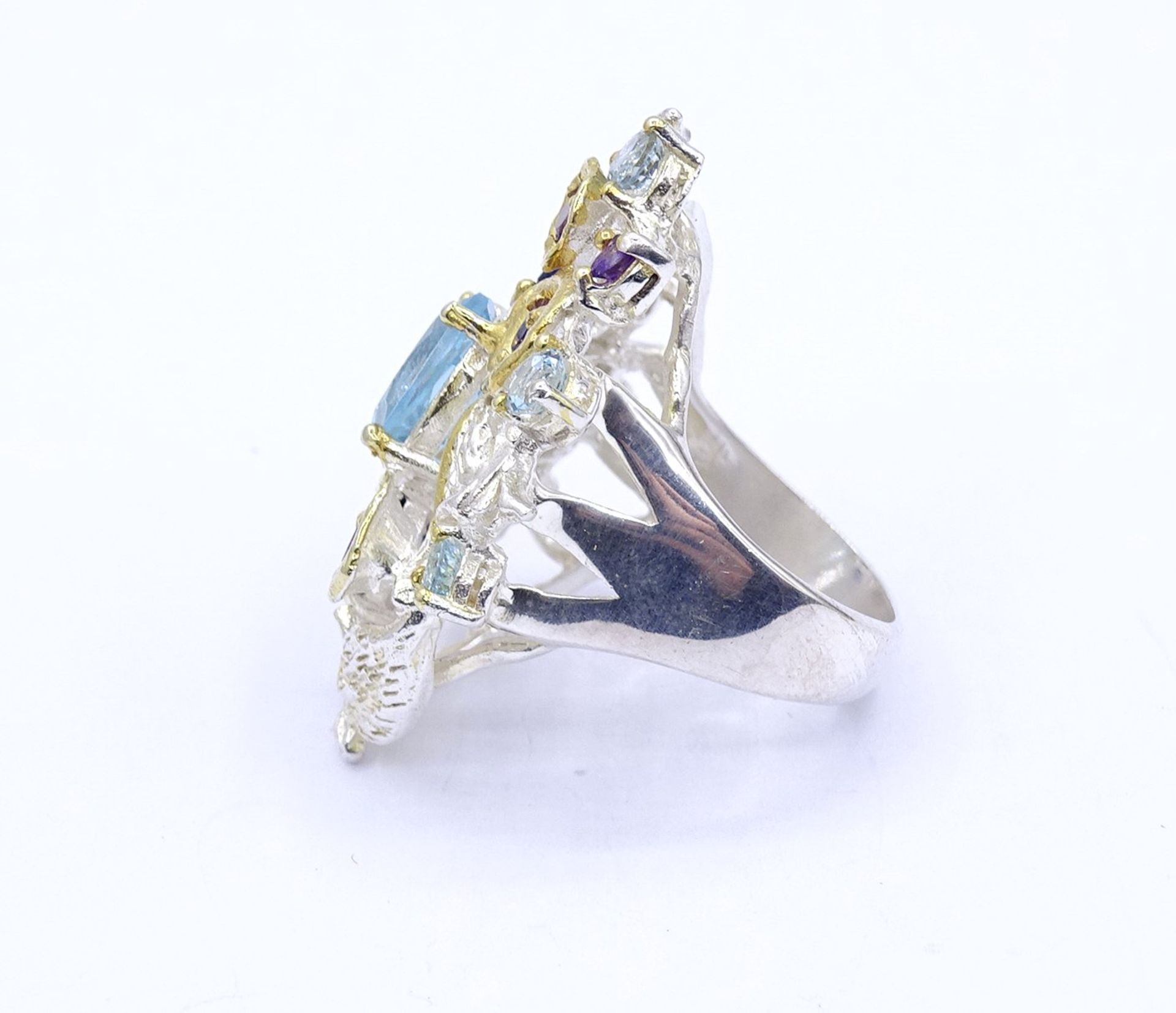 Edelstein Ring, Sterlingsilber 0.925, tw. vergoldet, Amethyste,Saphire und Blautopase, 12,1g., RG 5 - Bild 3 aus 4