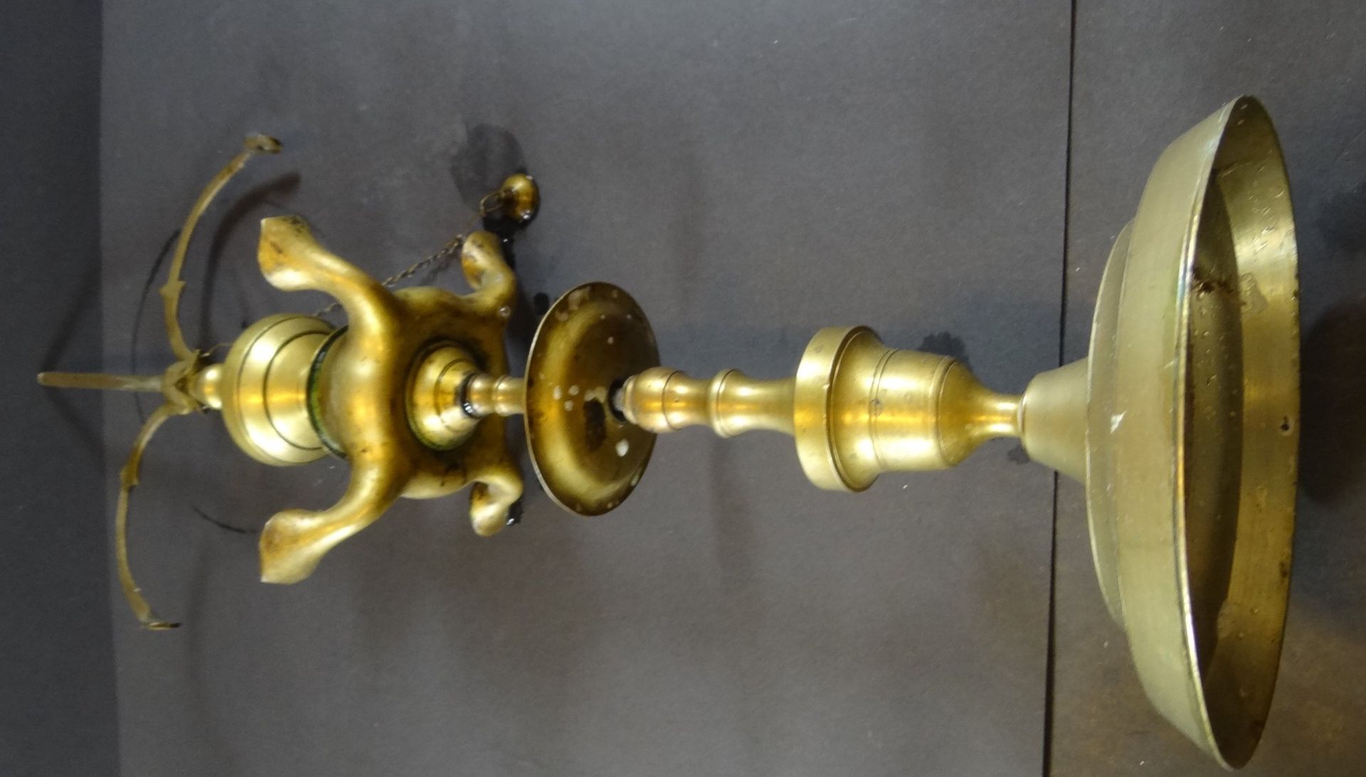 hohe Öllampe, Messing, 3-flammig, Fehlteile, H-27 cm - Bild 6 aus 6