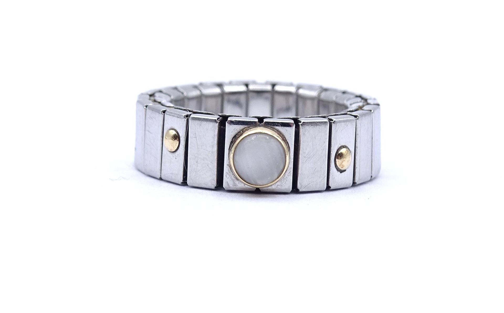 Ring, Stahl mit  Goldmonturen 14K (gepr.), Ringgröße durch Flexband variabel,
