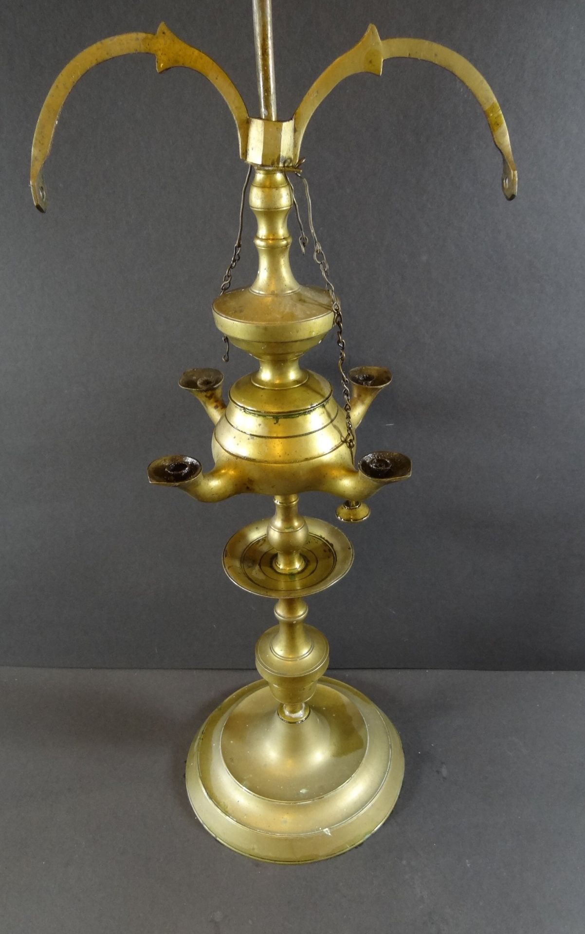 hohe Öllampe, Messing, 3-flammig, Fehlteile, H-27 cm - Bild 2 aus 6