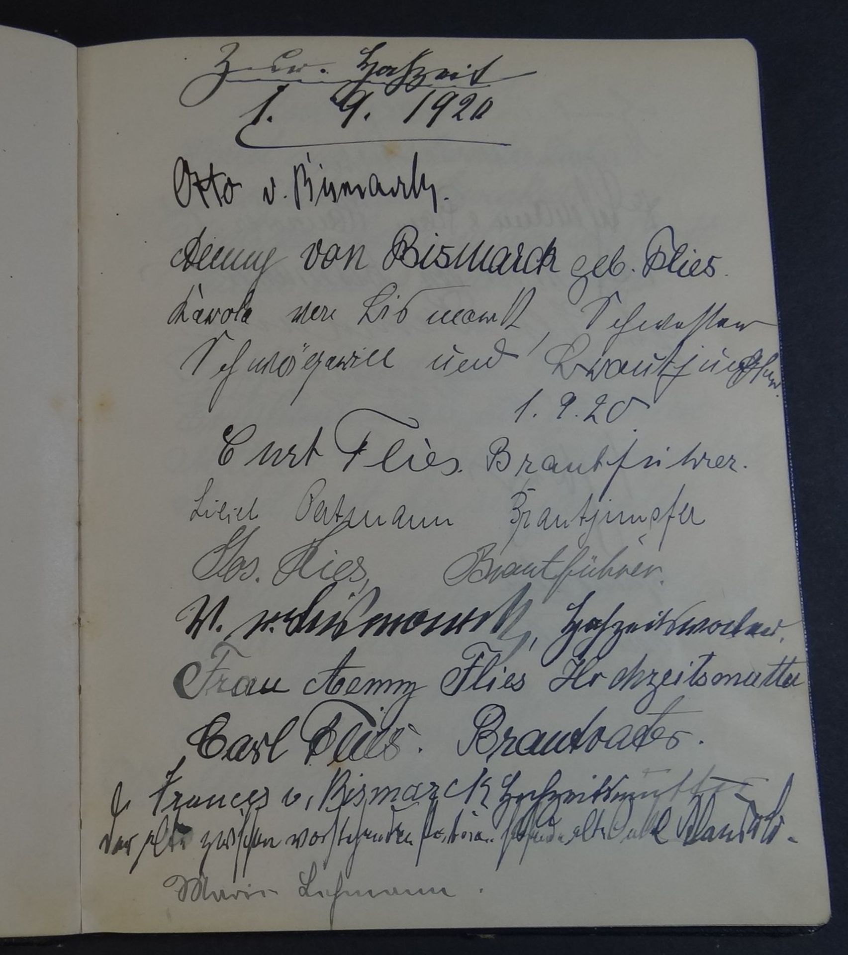 Gästebuch, wohl anlässlich einer Hochzeit am 1.9.1920, Aenny von Bismarck (geb. Flies), nur ca. 10  - Bild 3 aus 5