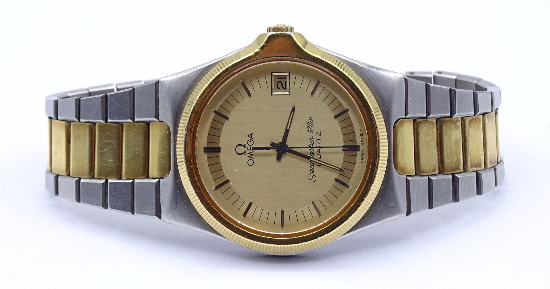 Herren Armbanduhr "Omega", Seamaster 120m, Quartzwerk, bicolorfarben, D. 35mm, Deckelgravur "Weihna - Image 2 of 7