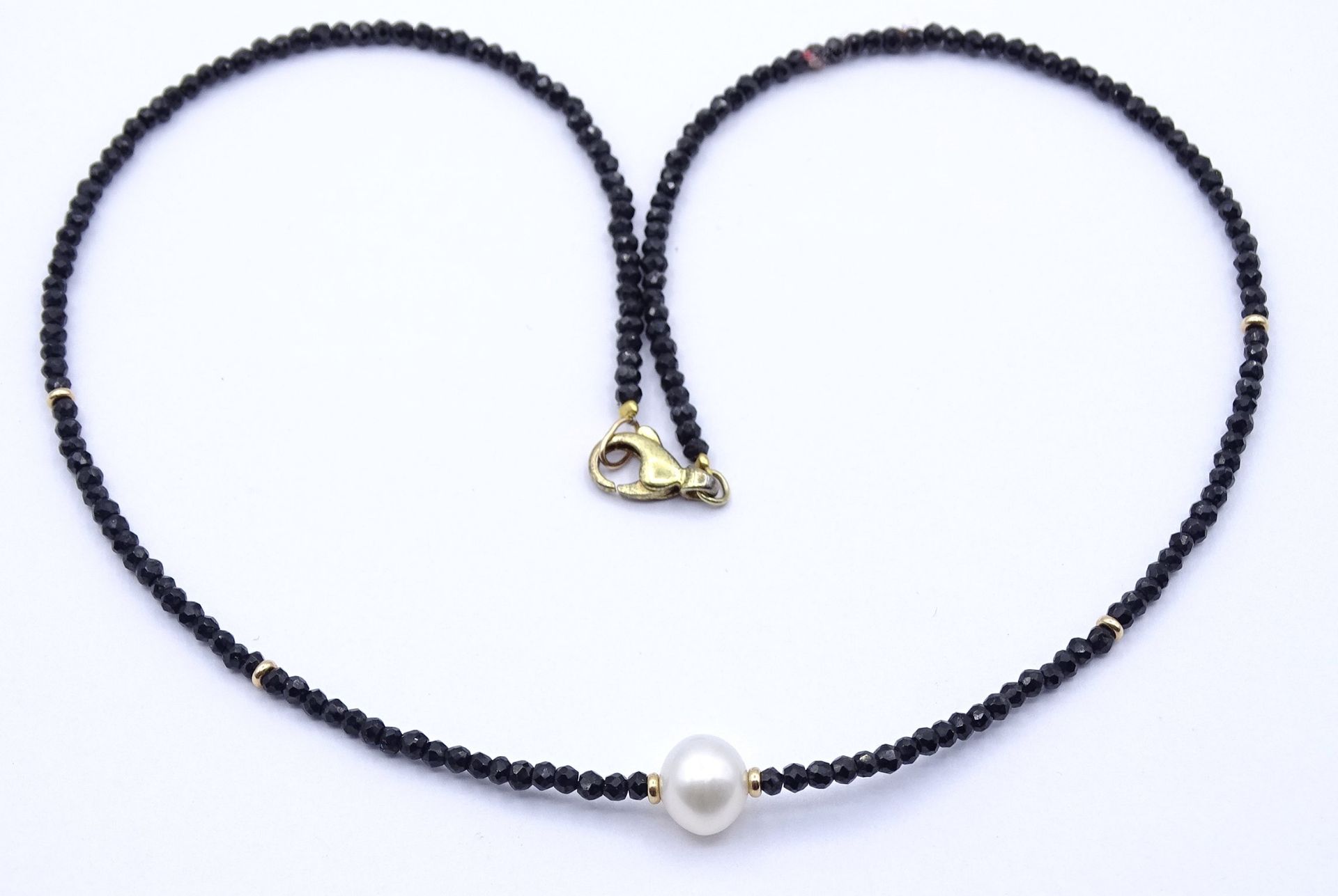 Spinell Halskette mit Perle und Gold Zwischenelemente, Gold um 14K, Karabiner aus Silber 0.925 - ve - Bild 4 aus 6