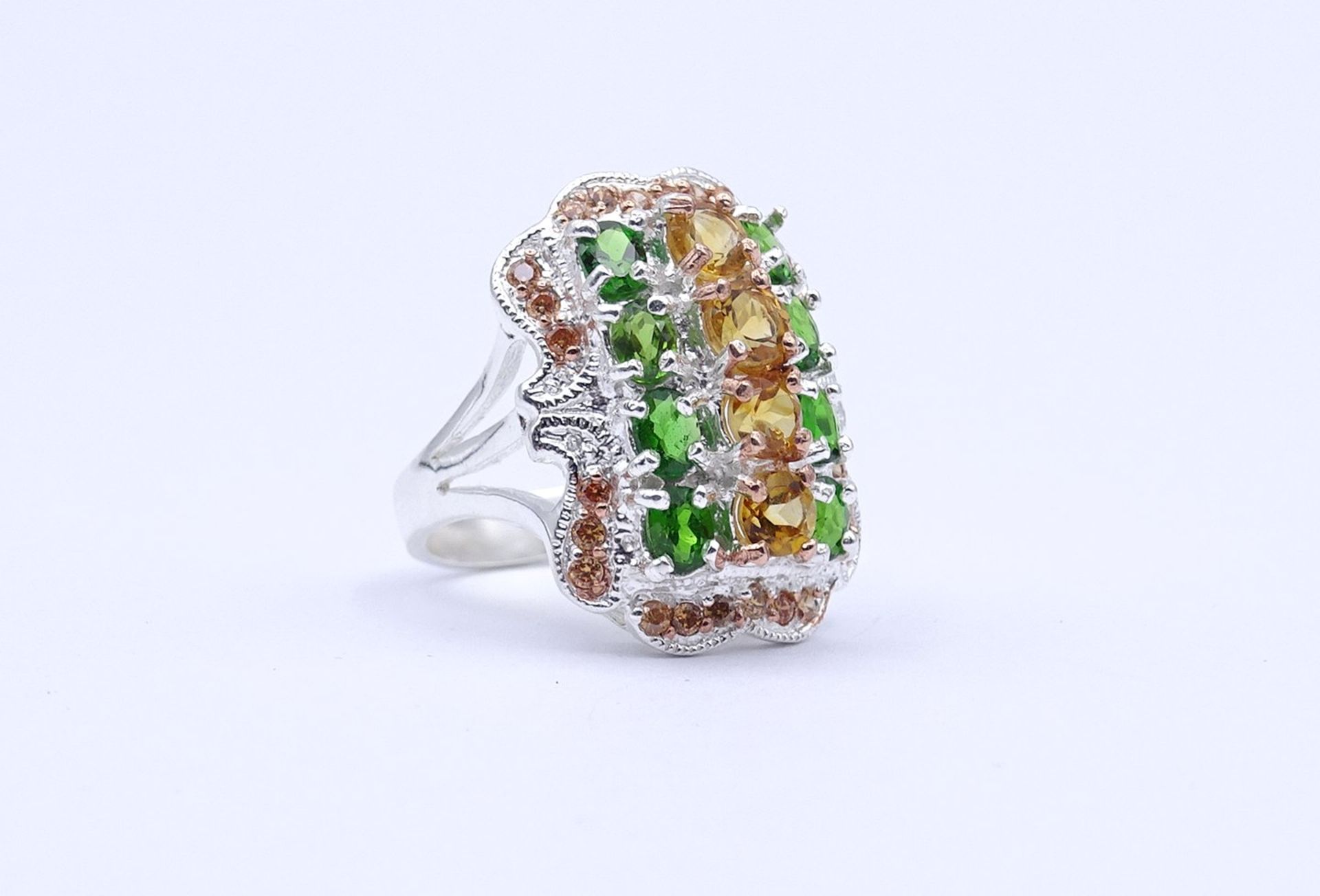 Edelstein Silber Ring 0.925, Chromdiopside und Citrine, 9,0g., RG 53/54