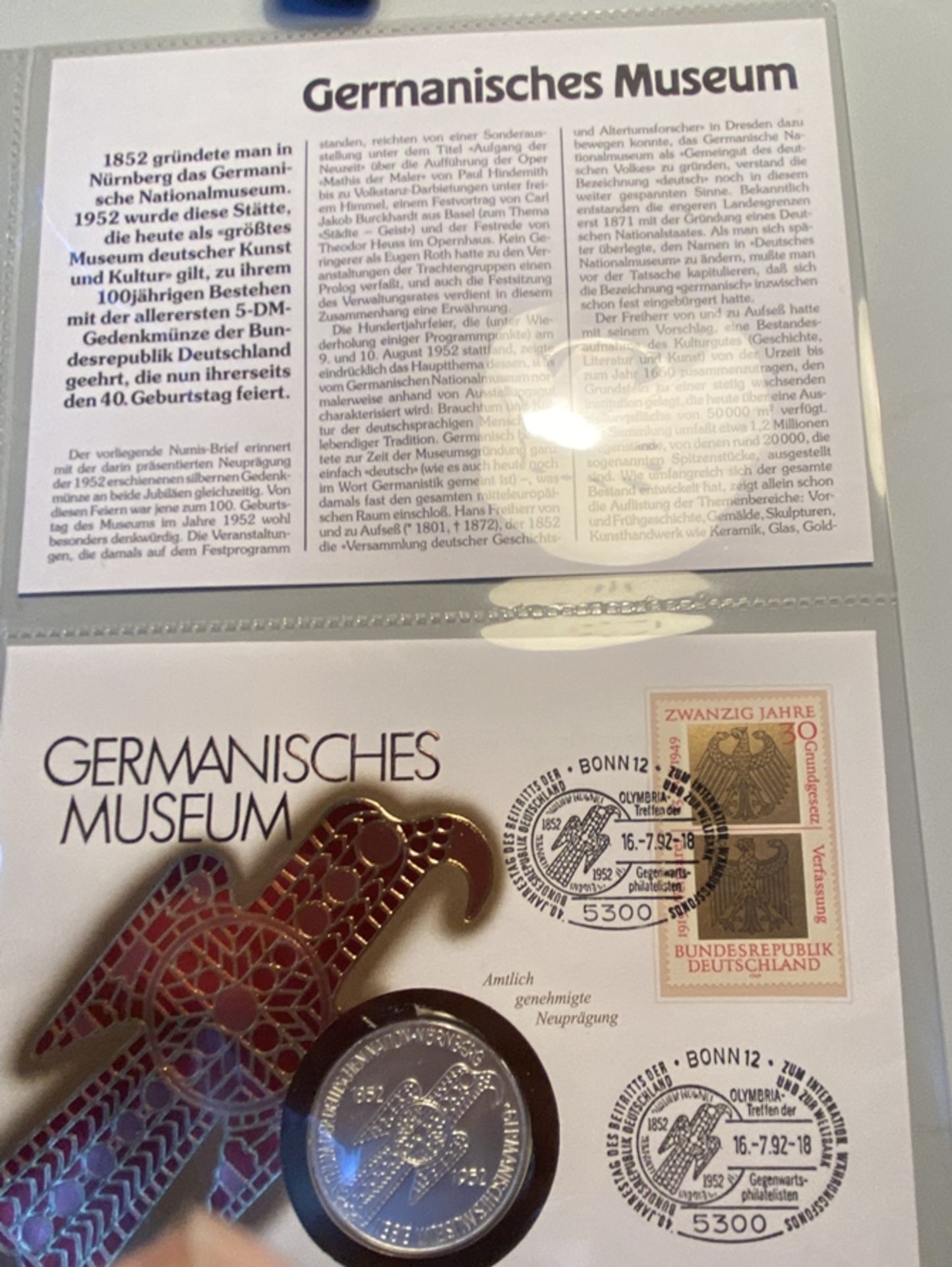 5 DM Germanisches Museum 1 oz Silber im Numisbrief stempelglanz, 1992