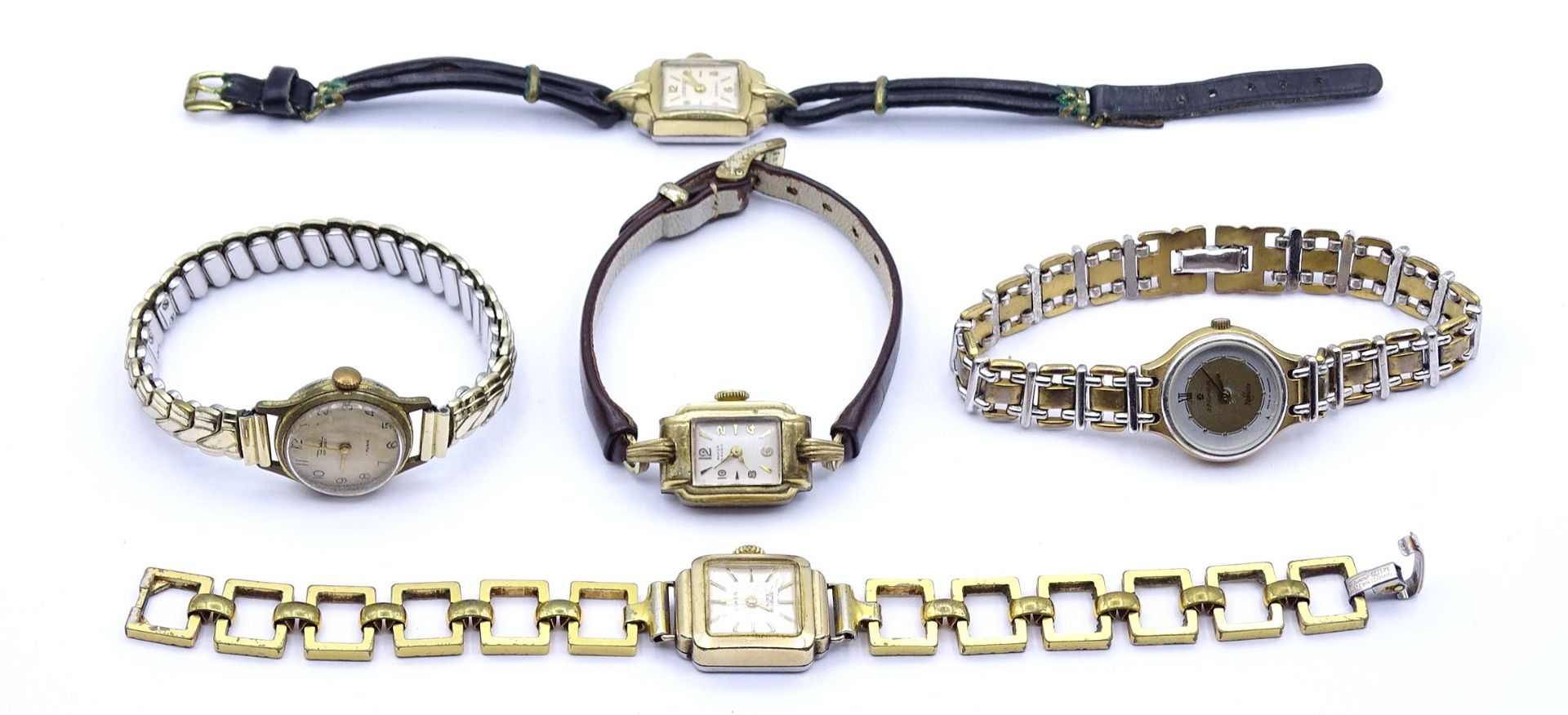 5x Damen Armbanduhren, mechanisch und Quartz, 2x Uhren laufen, Alters- und Gebrauchsspuren