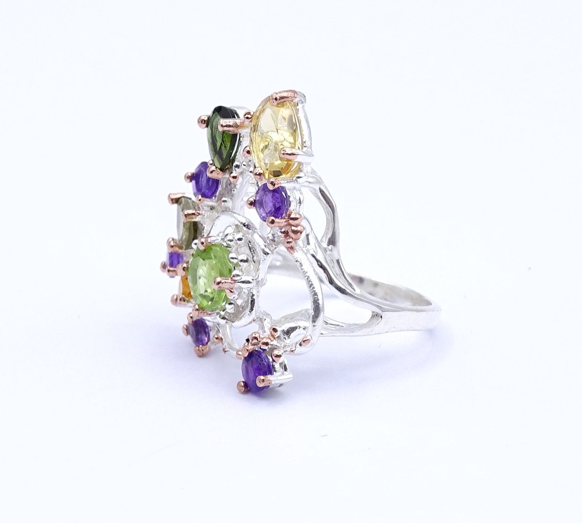 Farbintensiver Edelstein Silberring 925/000 mit Peridot, Turmalin,Amethyst und Citrine,7,1g., RG 52 - Image 3 of 4