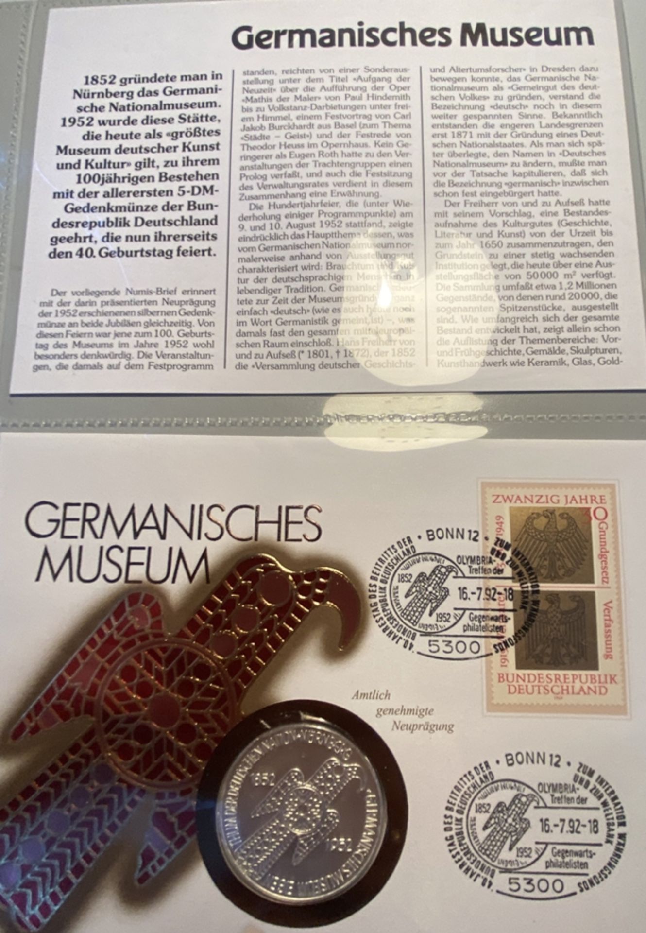 5 DM Germanisches Museum 1 oz Silber im Numisbrief stempelglanz, 1992 - Image 2 of 4