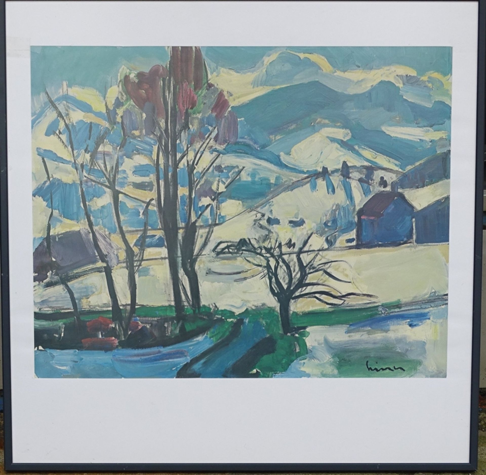 unleserl. signierter Siebdruck, Schweizer Landschaft, ger/Glas RG 60x60 cm