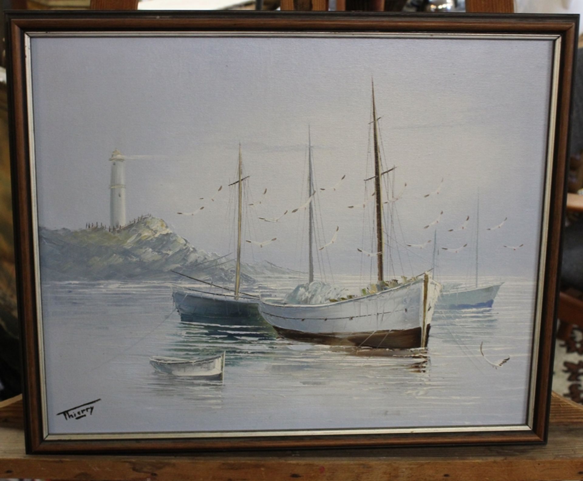 Thierry, Boote vor Küste, Öl/Hartfaser, gerahmt, RG 44 x 54cm. - Image 3 of 4