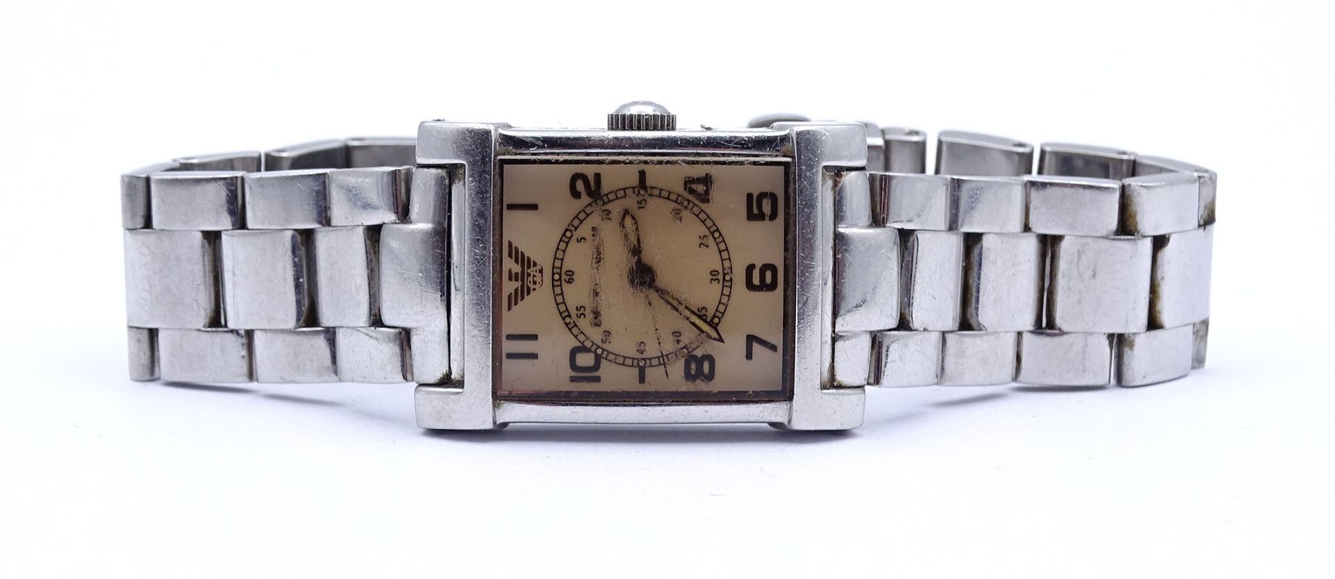 Damen Armbanduhr "Emporio Armani", Quartzwerk, Gehäuse 23x27mm, starke Tragespuren