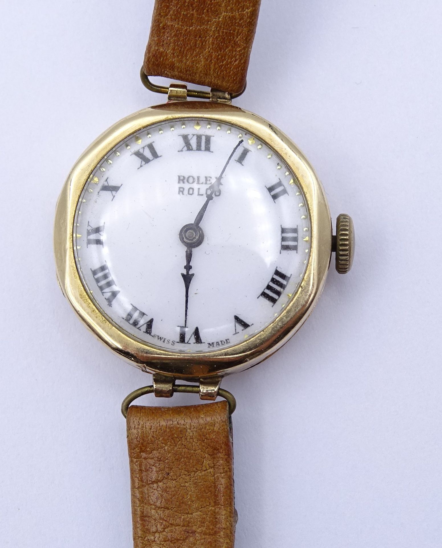 Armbanduhr "Rolex" Mod. Rolco, GG Gehäuse 375/000, mechanisch, Werk läuft für einige Minuten, D. 25