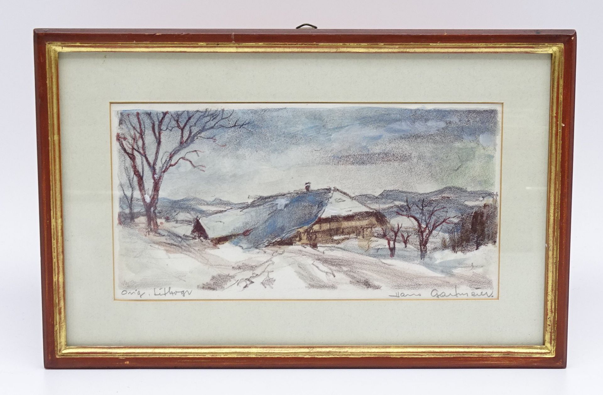 Hans GARTMEIER (1910-1986)  "Winterlandschaft orig. Farb-Lithografie, ger/glas,  17x27 cm