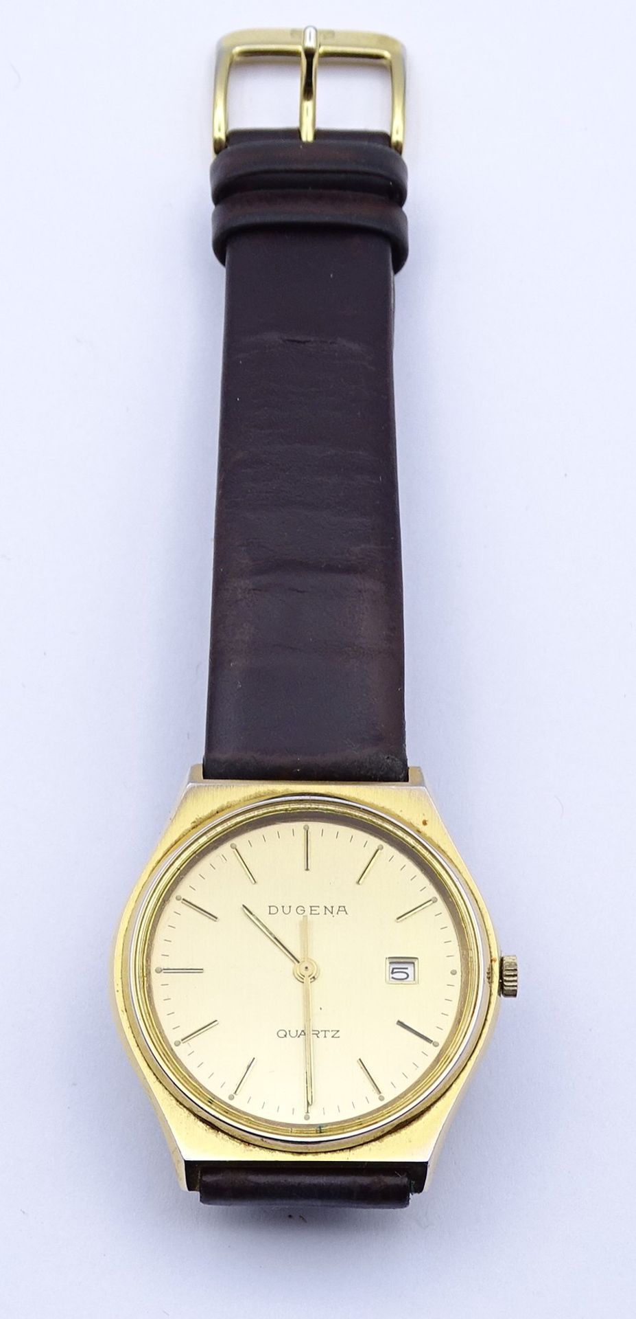 Herren Armbanduhr "Dugena", Quartzwerk, Funktion nicht überprüft, Gehäuse 34x34mm, Rückseite mit Gr - Bild 3 aus 3