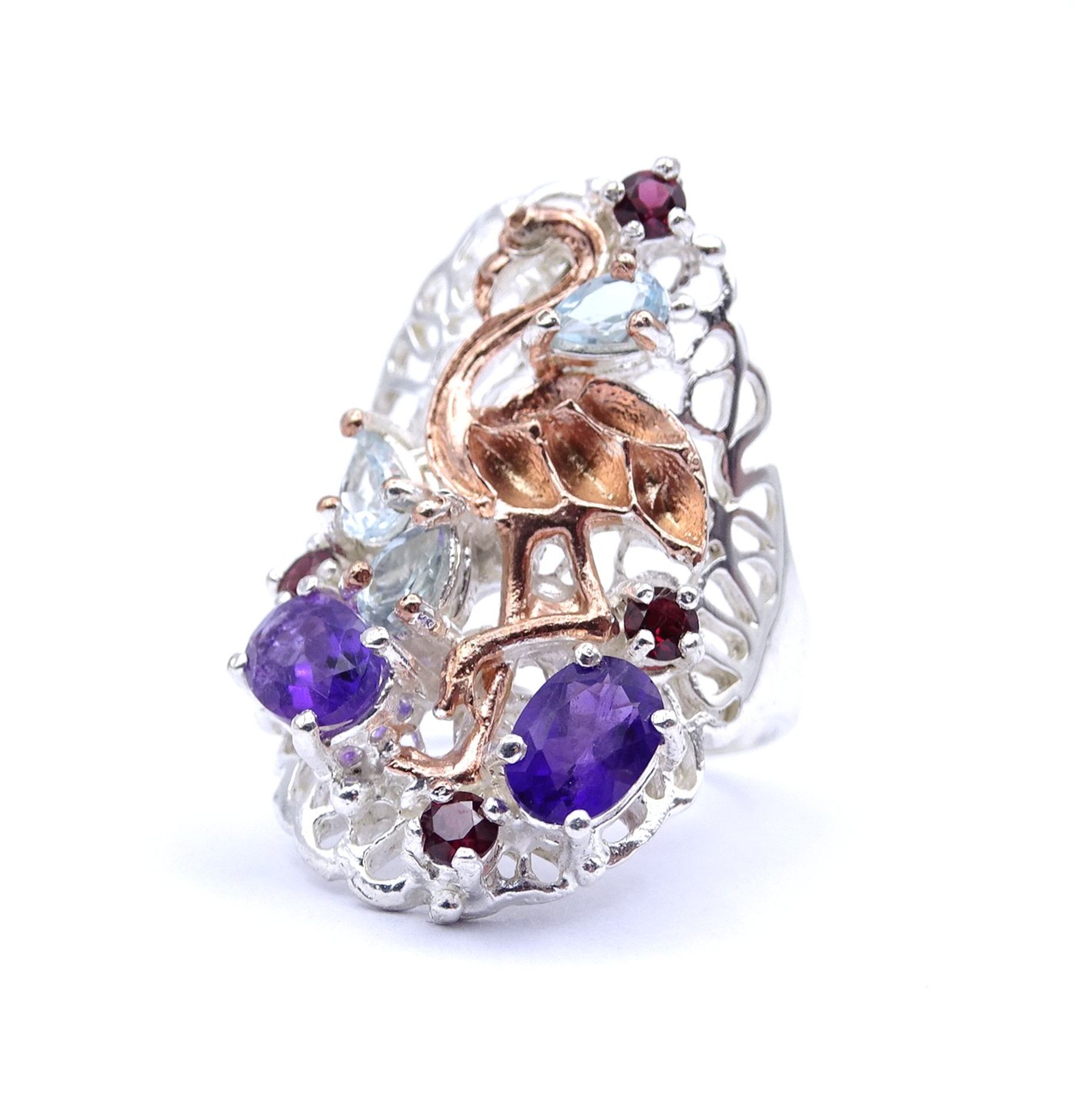 Ausgefallener Silberring mit Amethyste,Topase,Rhodolith, Sterlingsilber 0.925, 10,0g., RG 59