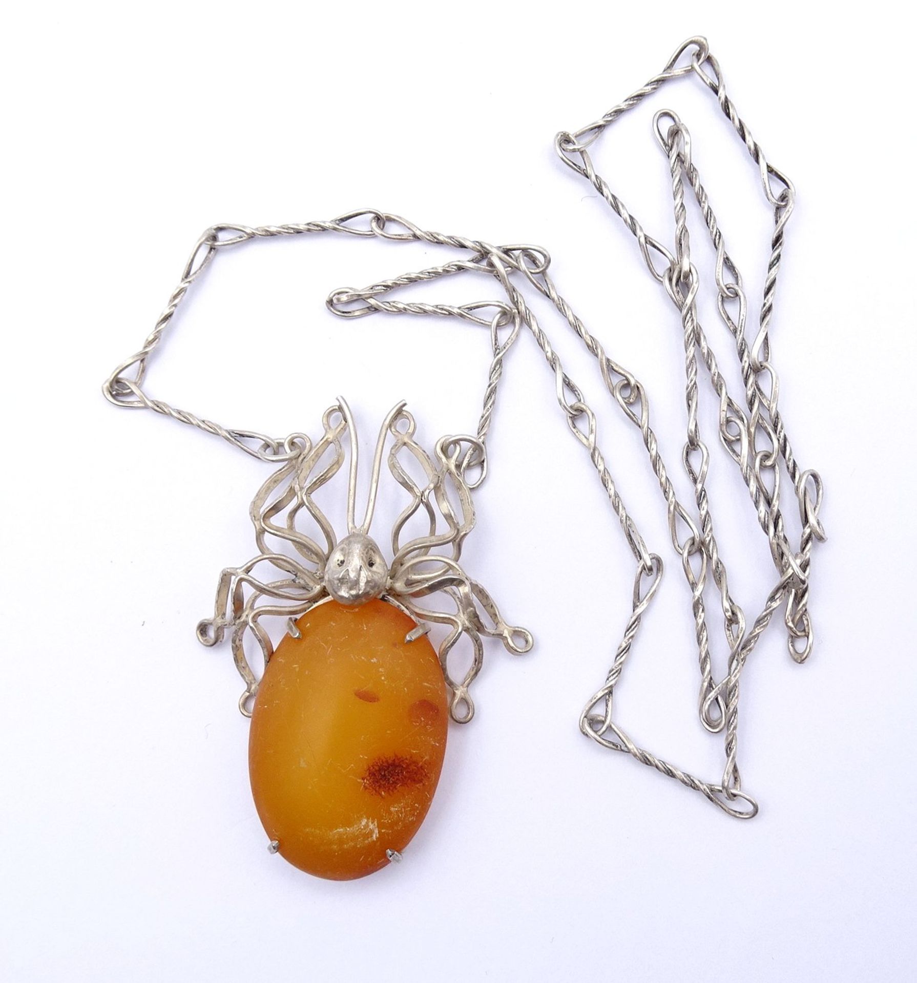 Ausgefallene Halskette mit einem Anhänger in Form einer Spinne, Bernstein Cabochon, Silber, Kette - Image 2 of 5