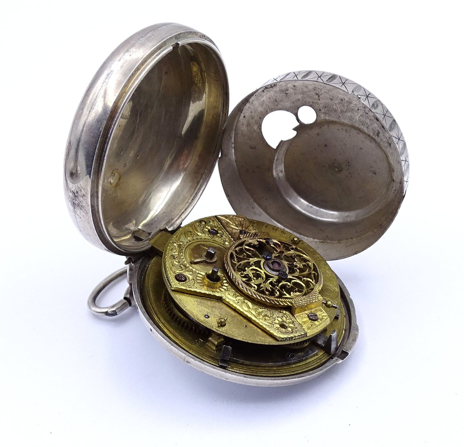 Taschenuhr Spindeluhr, Silbergehäuse "D.D. Neveren", London, Schlüsselwerk, D. 50mm, anbei Schutzhü - Bild 7 aus 10